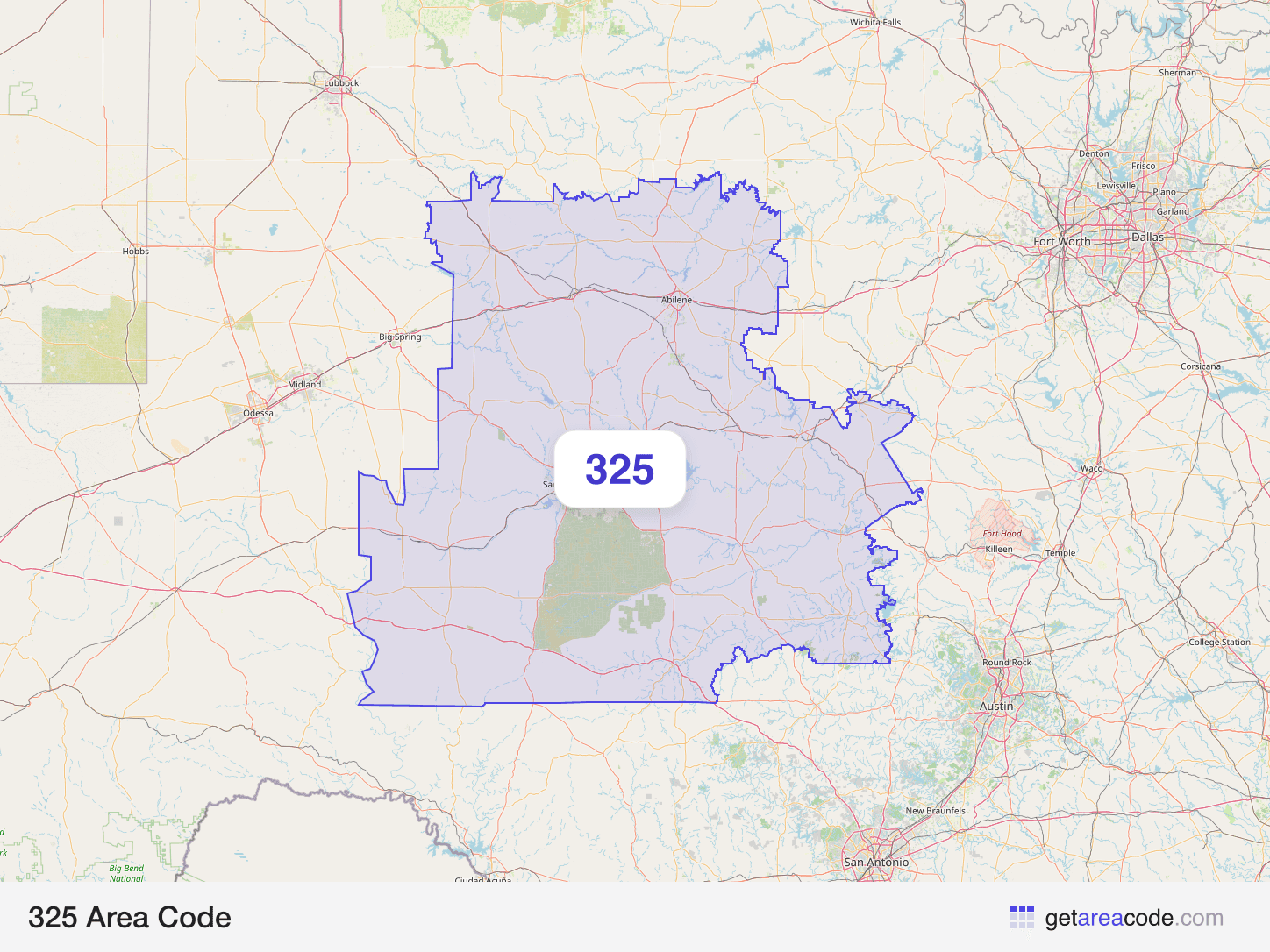 Map of the 325 area code service region around Abilene, TX
