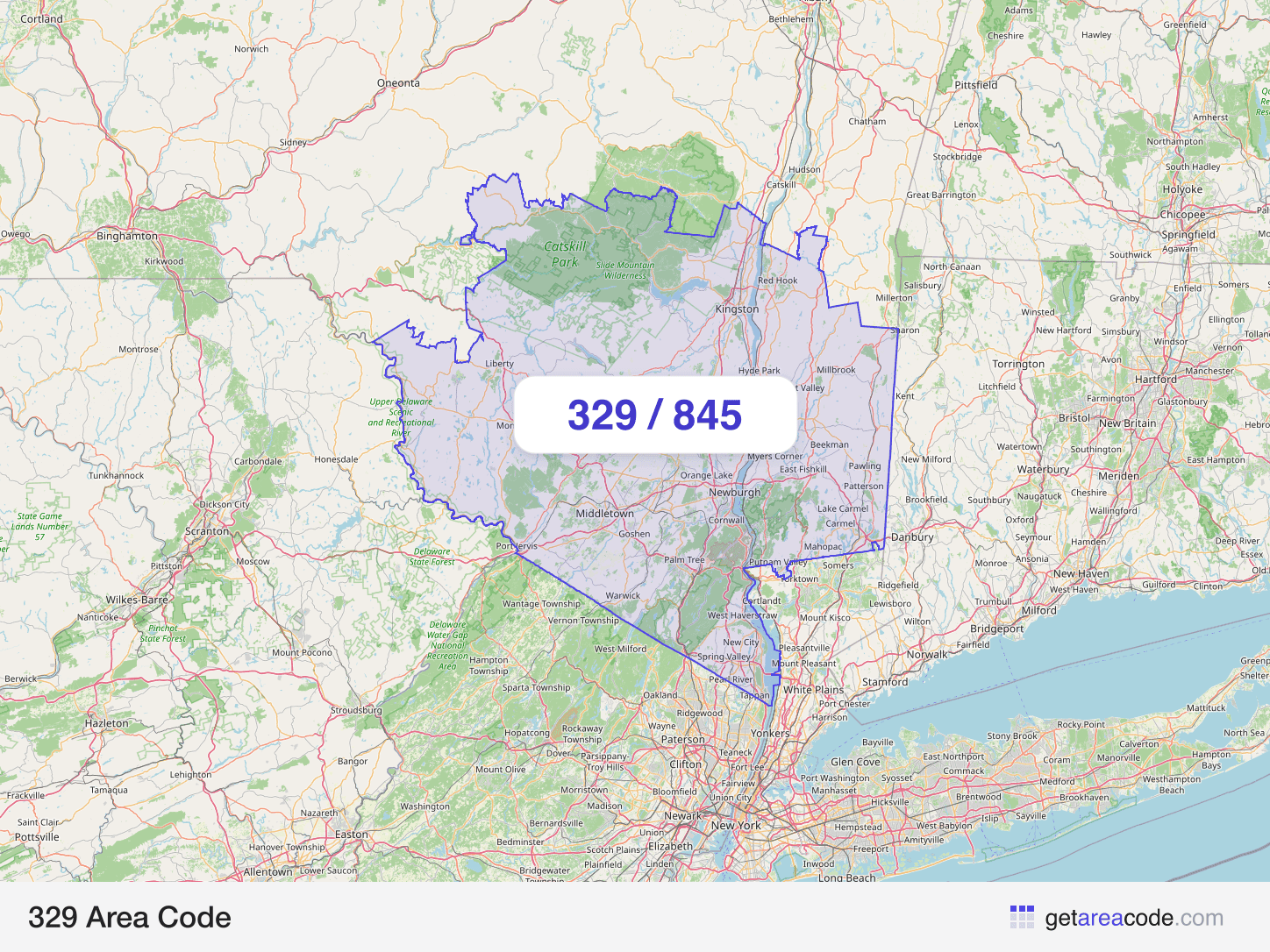 Map of the 329 area code service region around New City, NY