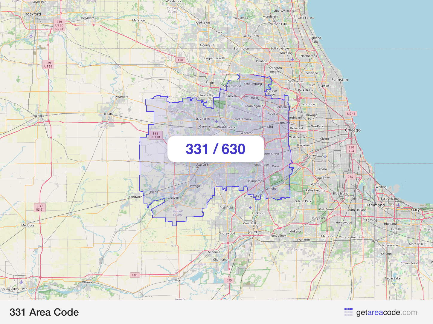 Map of the 331 area code service region around Aurora, IL