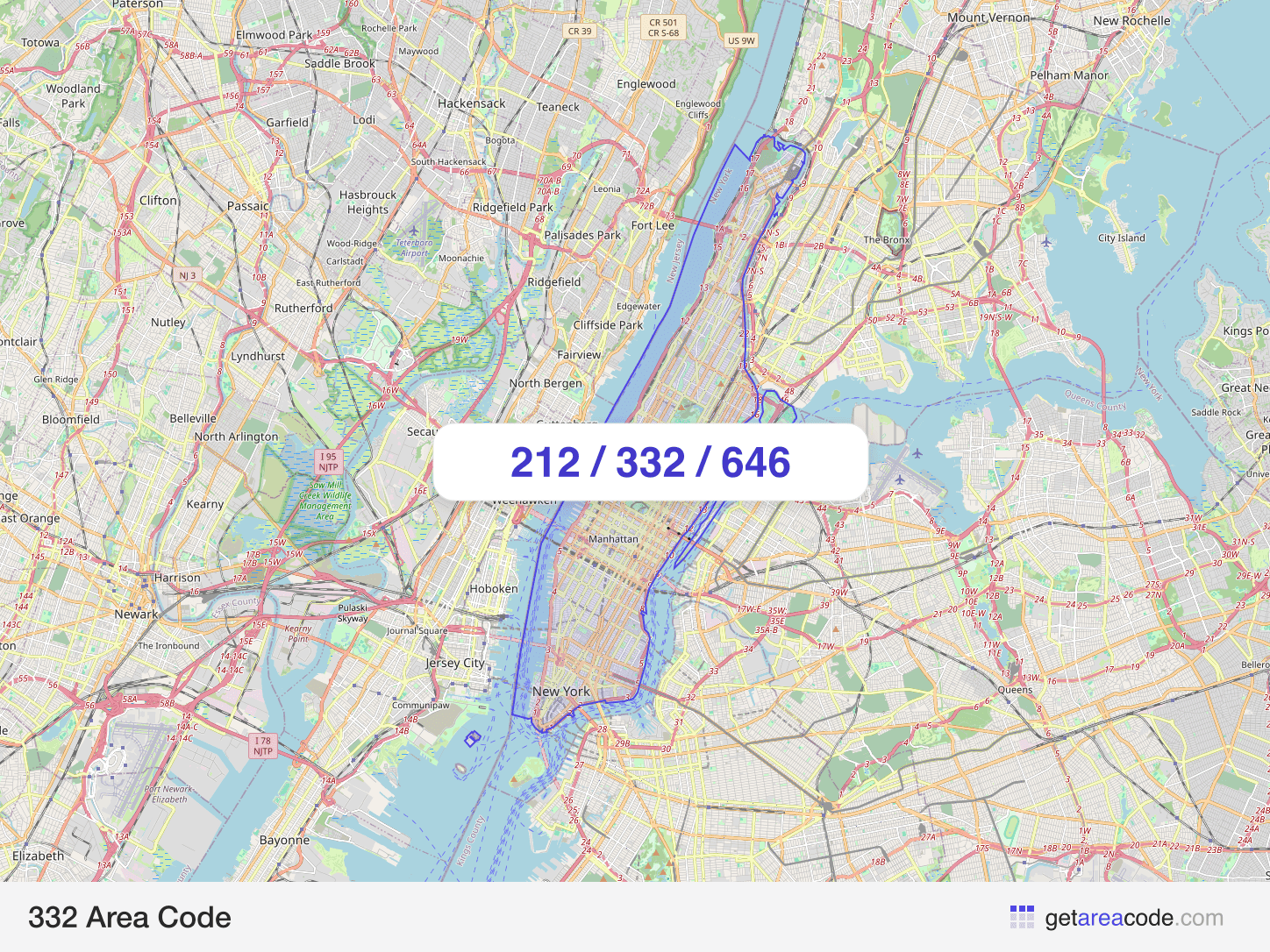 Map of the 332 area code service region around New York, NY