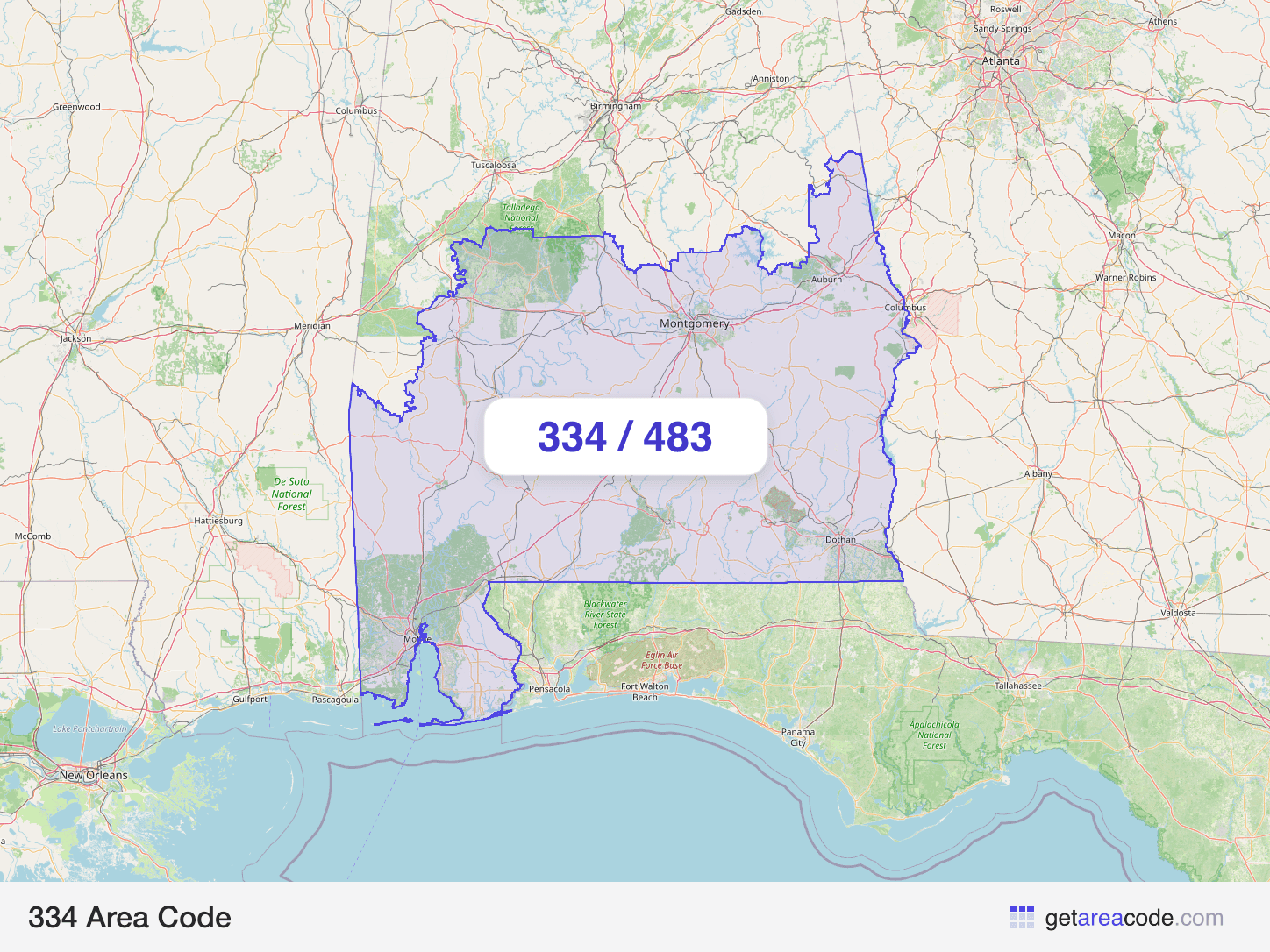 Map of the 334 area code service region around Montgomery, AL