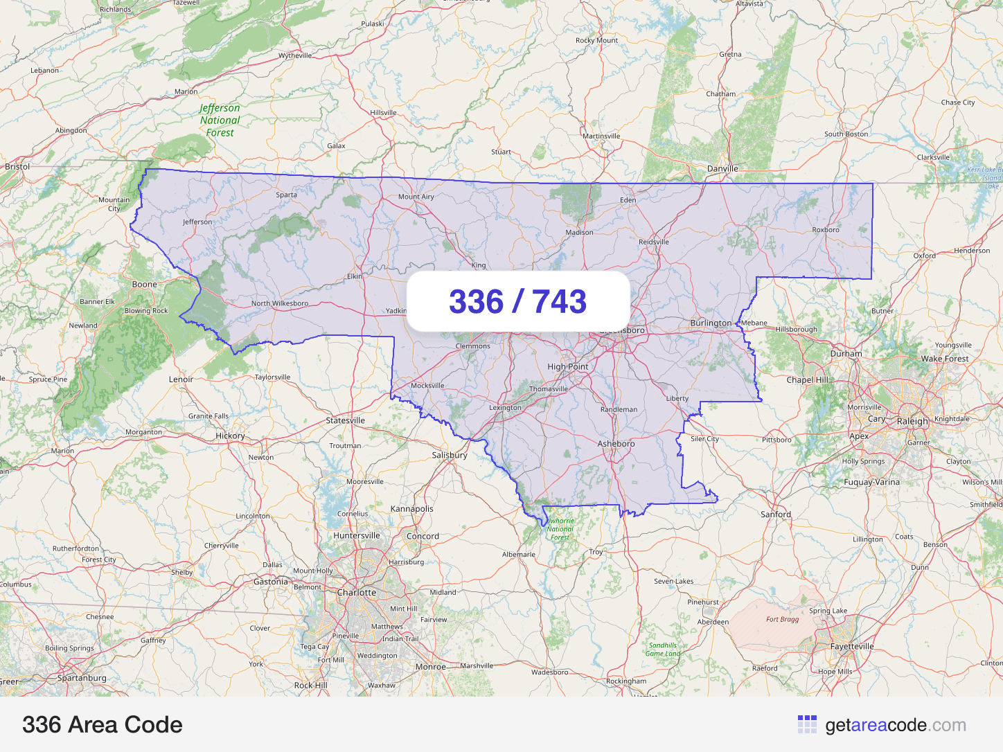 Map of the 336 area code service region around Greensboro, NC