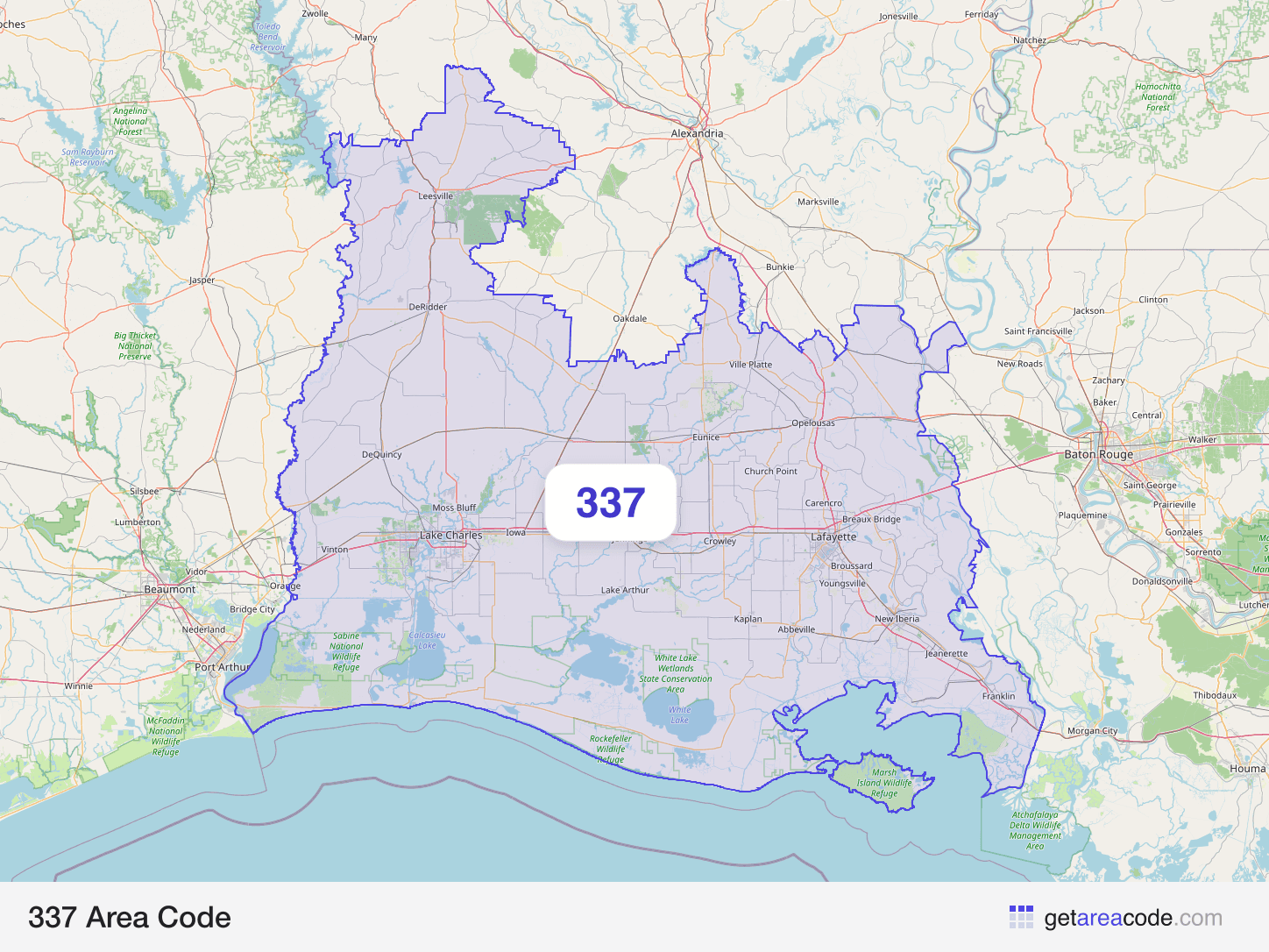 Map of the 337 area code service region around Lafayette, LA
