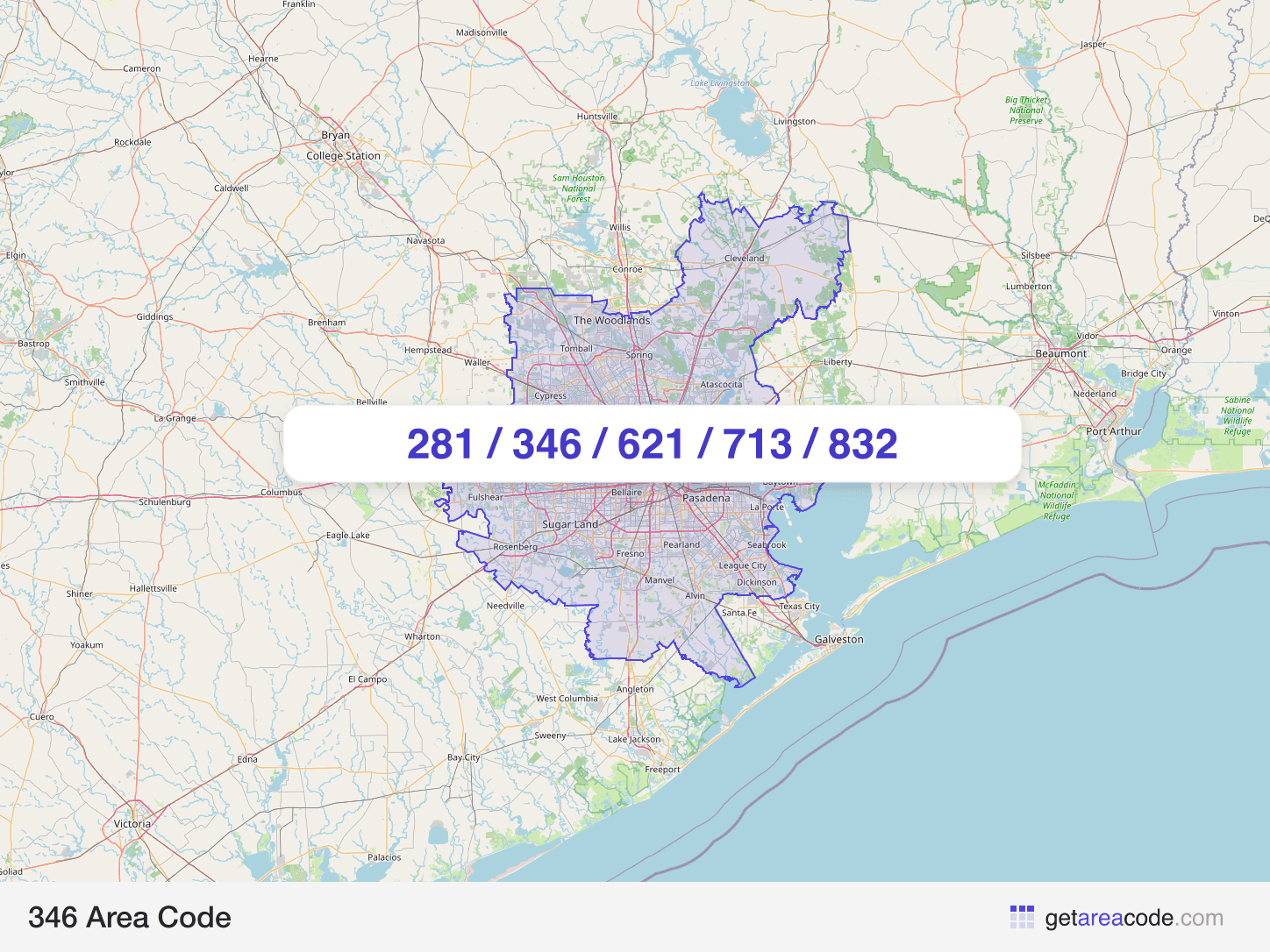 Map of the 346 area code service region around Houston, TX