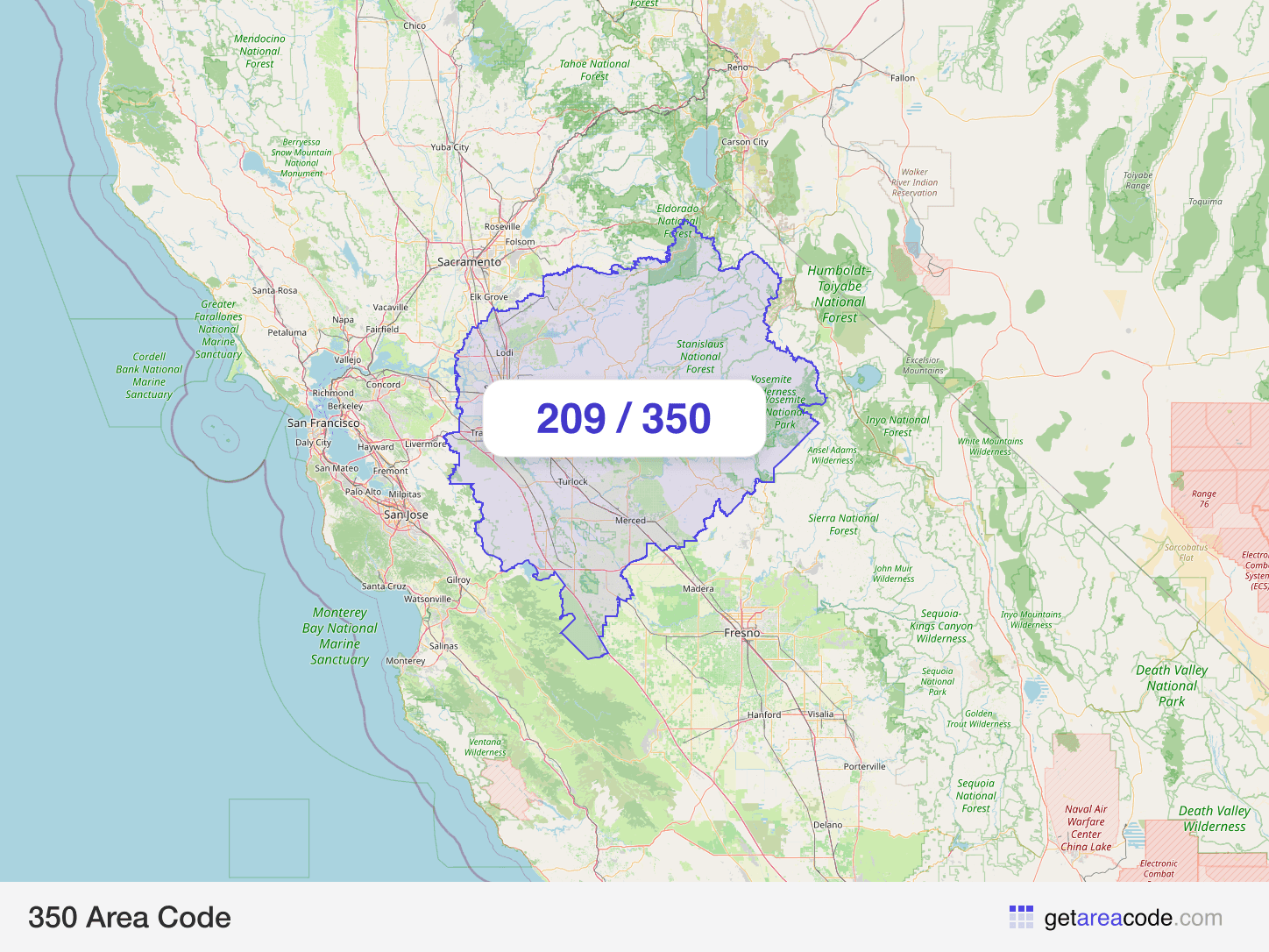 Map of the 350 area code service region around Stockton, CA