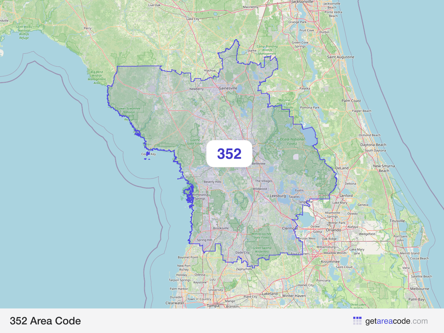 Map of the 352 area code service region around Gainesville, FL