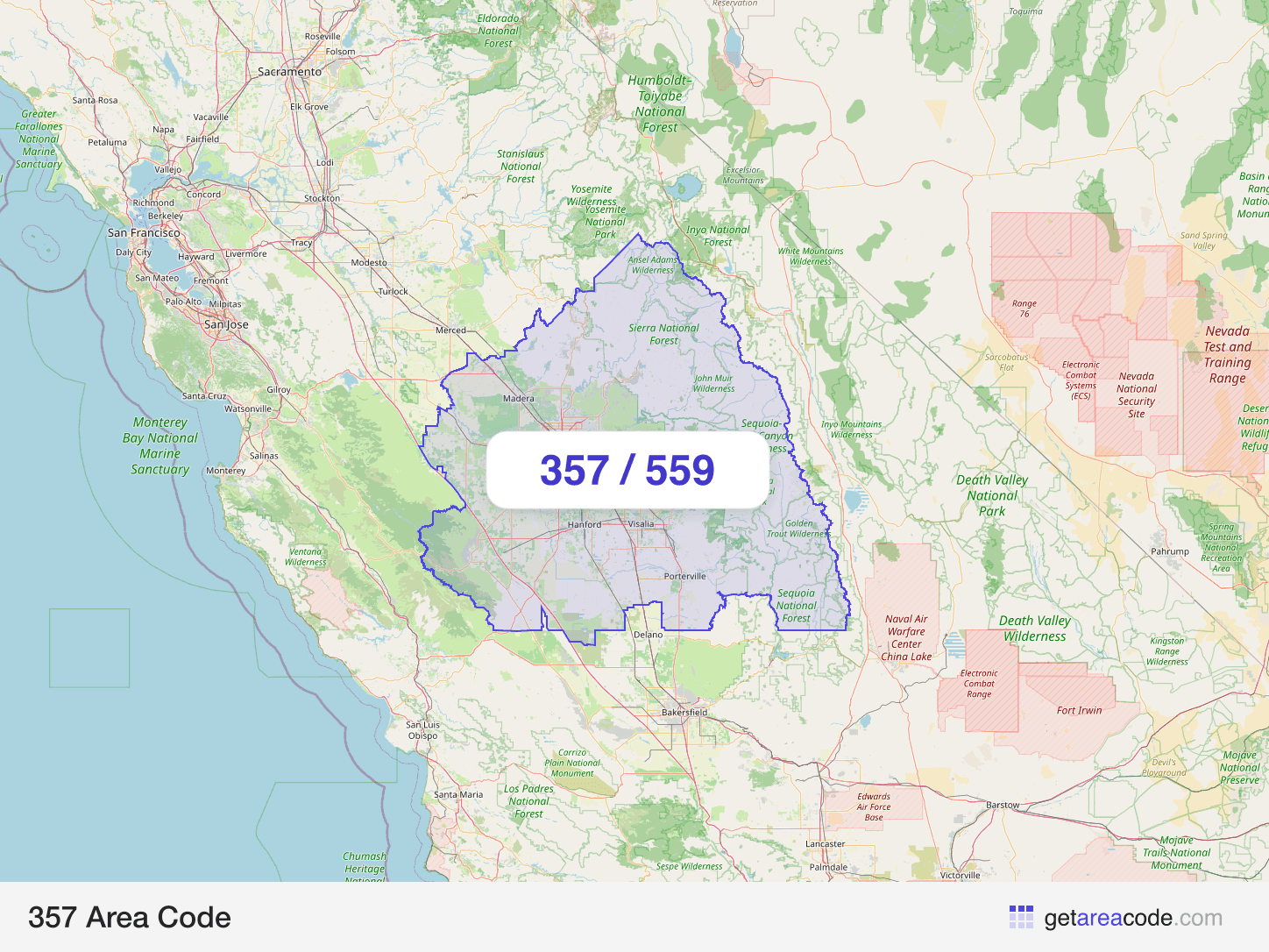 Map of the 357 area code service region around Fresno, CA