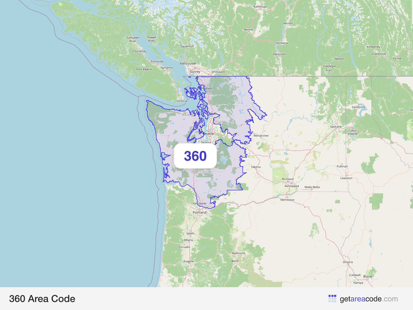 Map of the 360 area code service region around Vancouver, WA