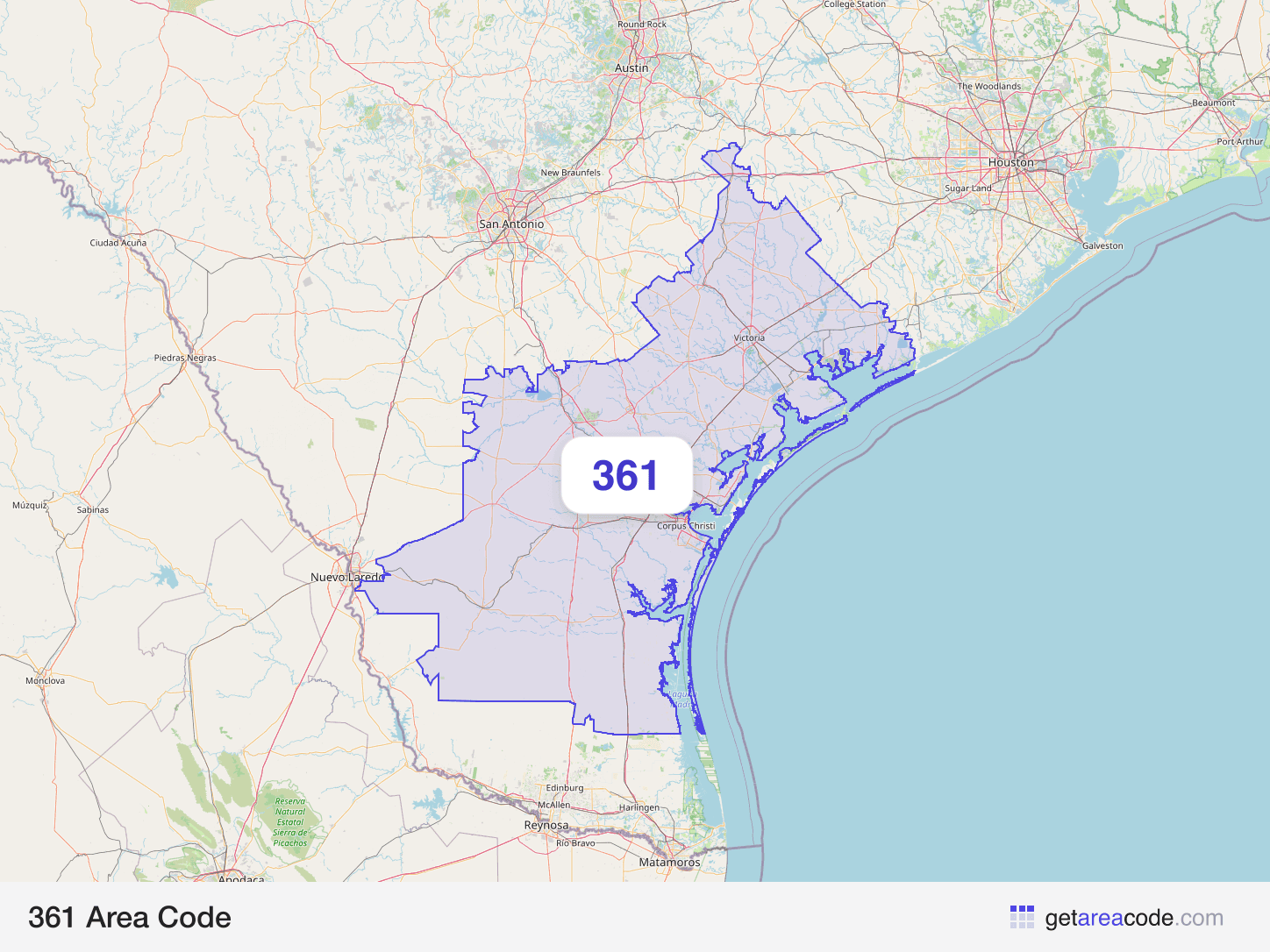 Map of the 361 area code service region around Corpus Christi, TX