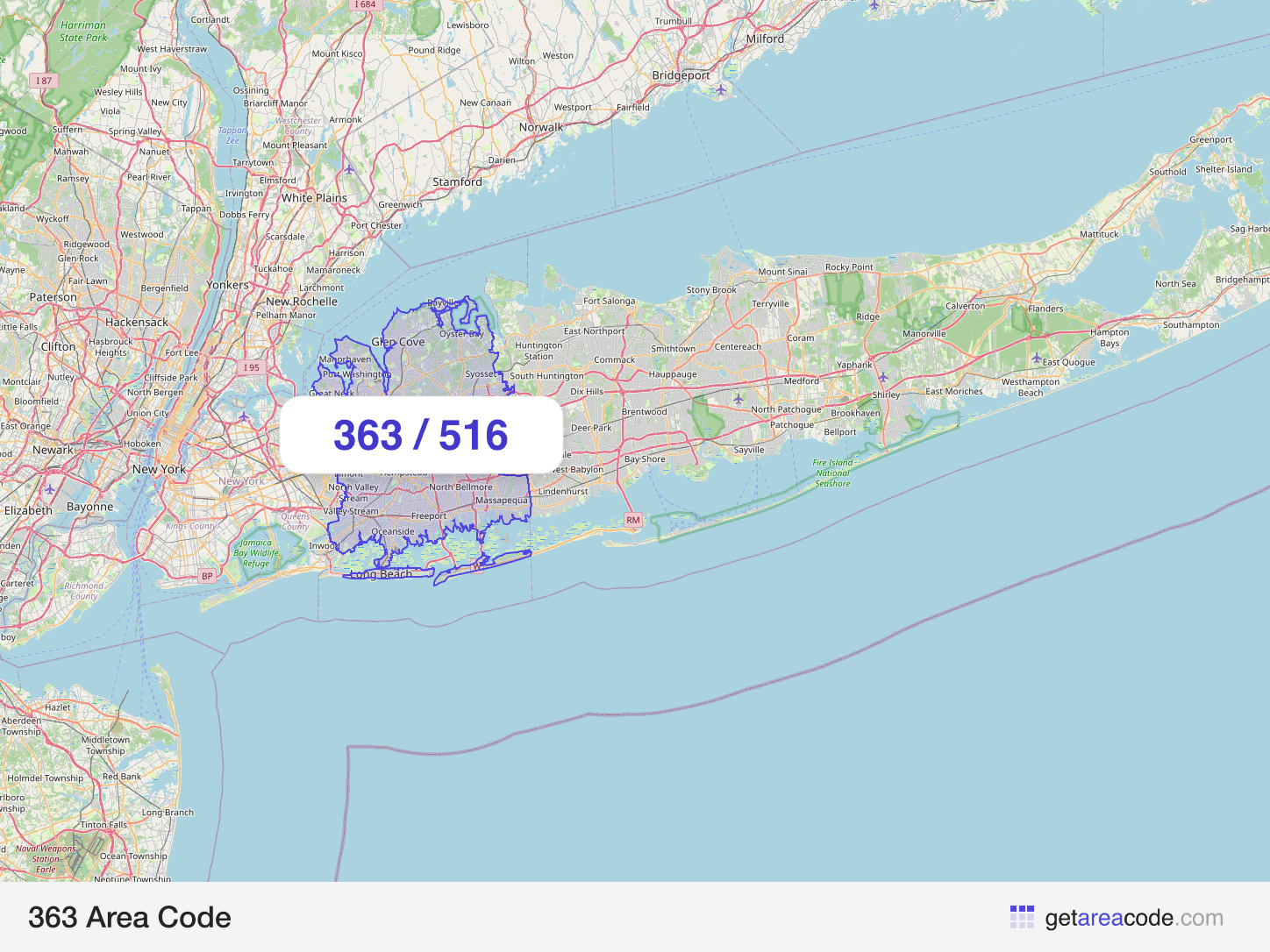 Map of the 363 area code service region around Hempstead, NY