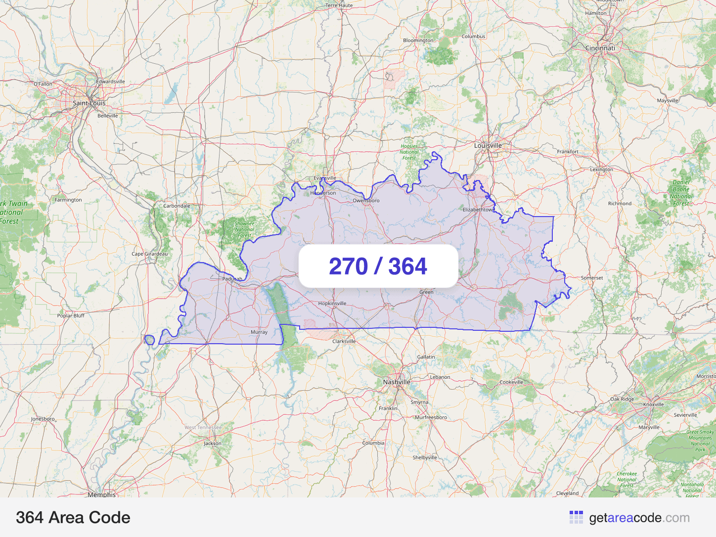 Map of the 364 area code service region around Bowling Green, KY