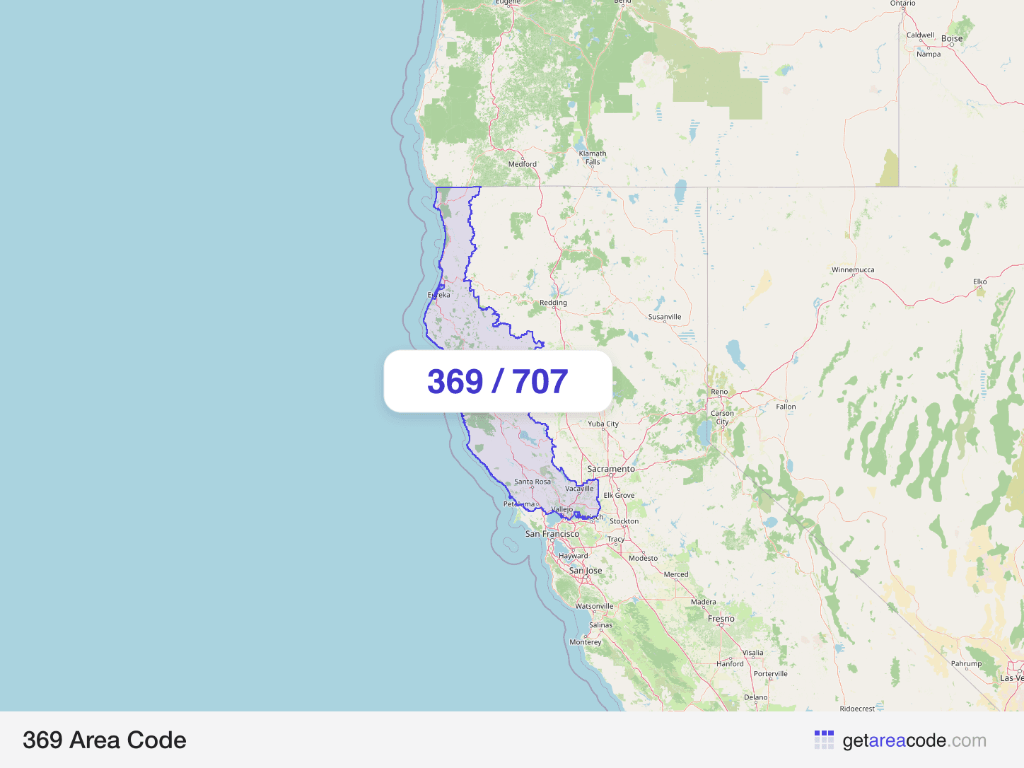 Map of the 369 area code service region around Santa Rosa, CA