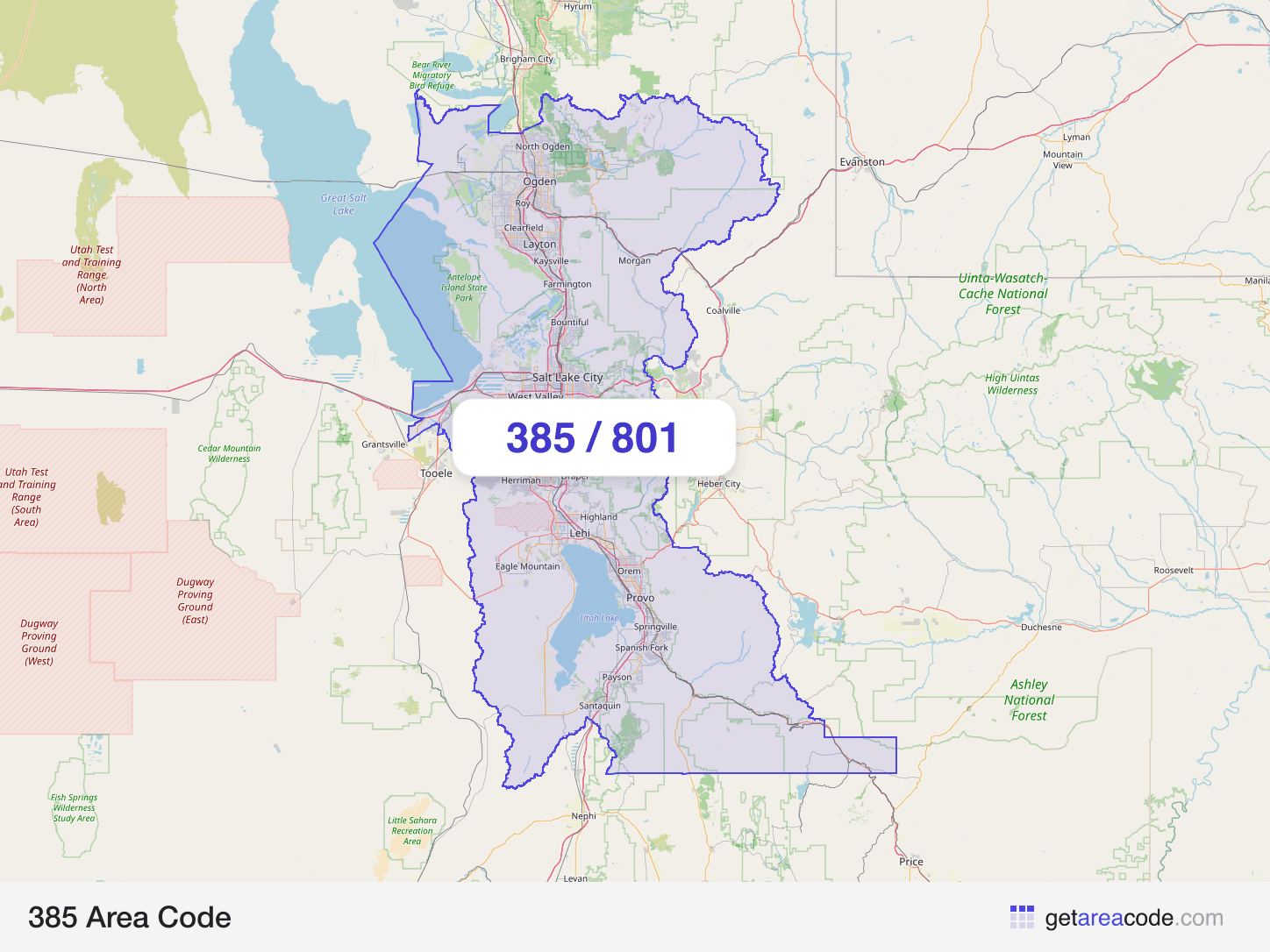 Map of the 385 area code service region around Salt Lake City, UT
