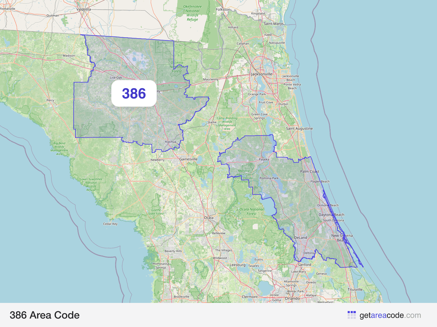 Map of the 386 area code service region around Palm Coast, FL