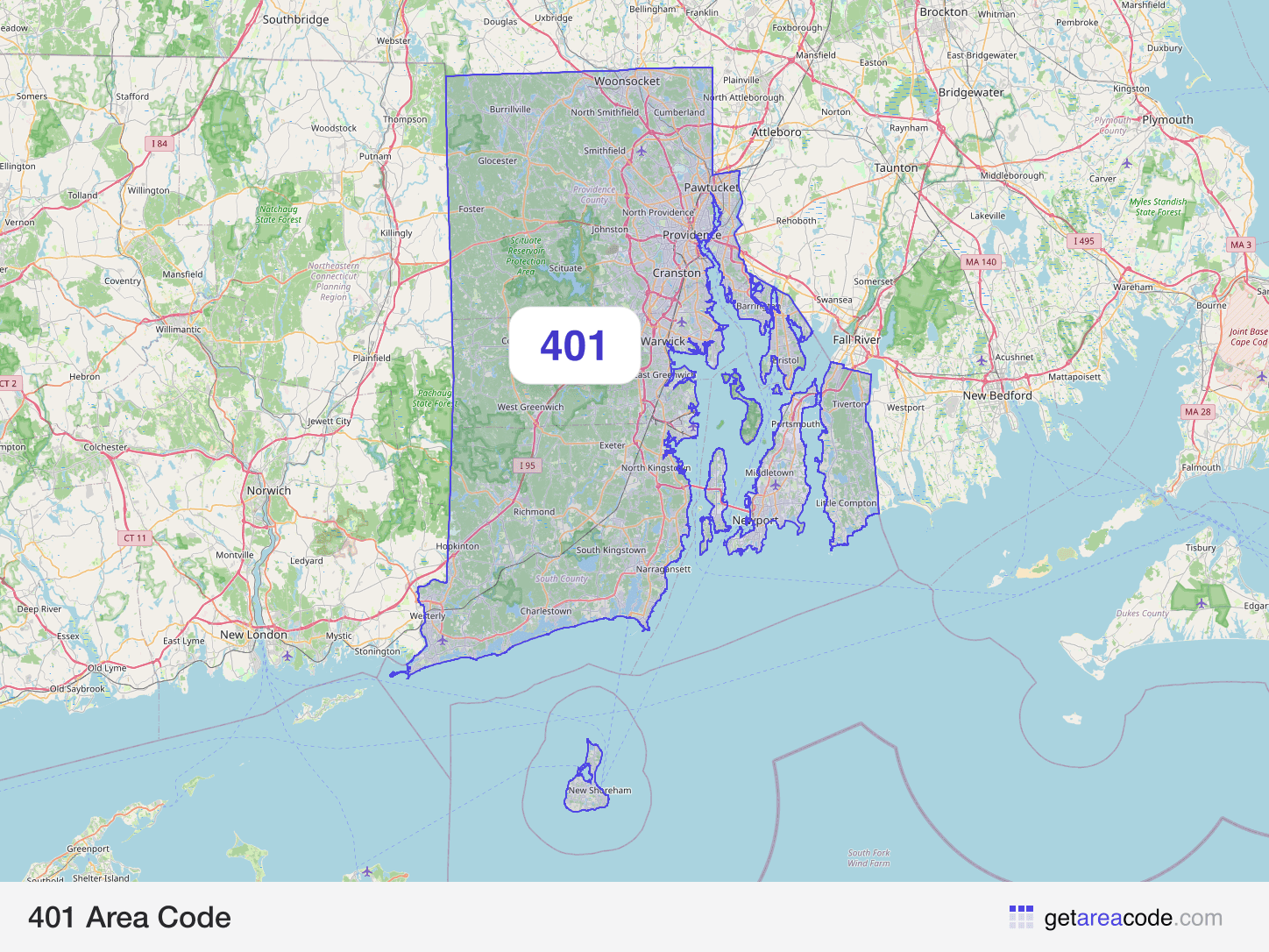 Map of the 401 area code service region around Providence, RI
