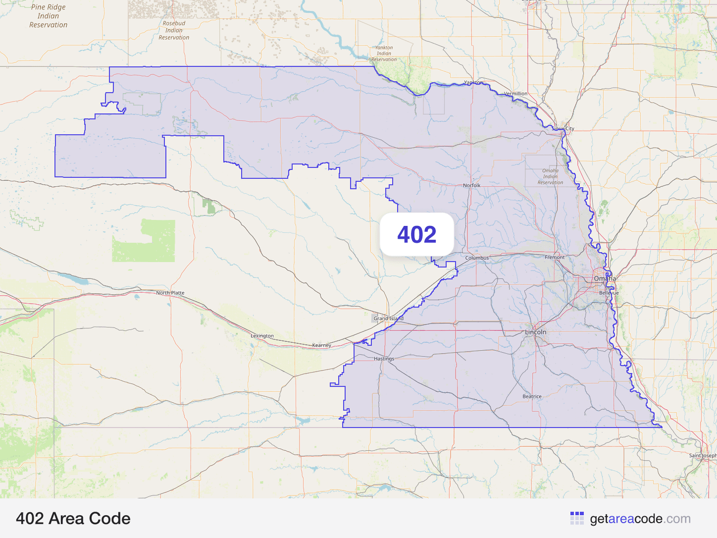 Map of the 402 area code service region around Omaha, NE