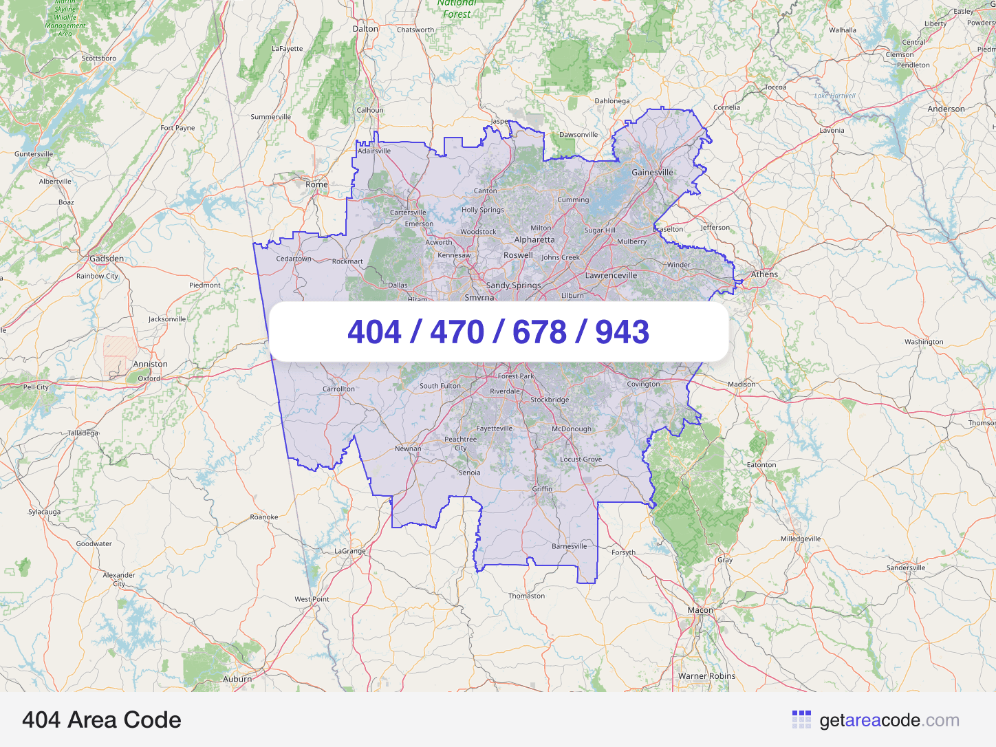 Map of the 404 area code service region around Atlanta, GA