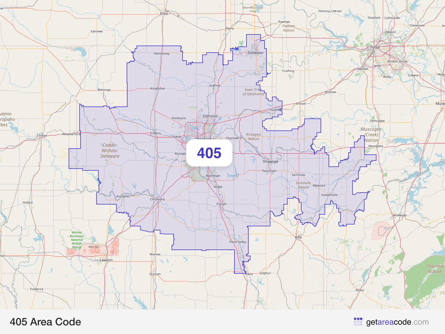 Map of the 405 area code service region around Oklahoma City, OK