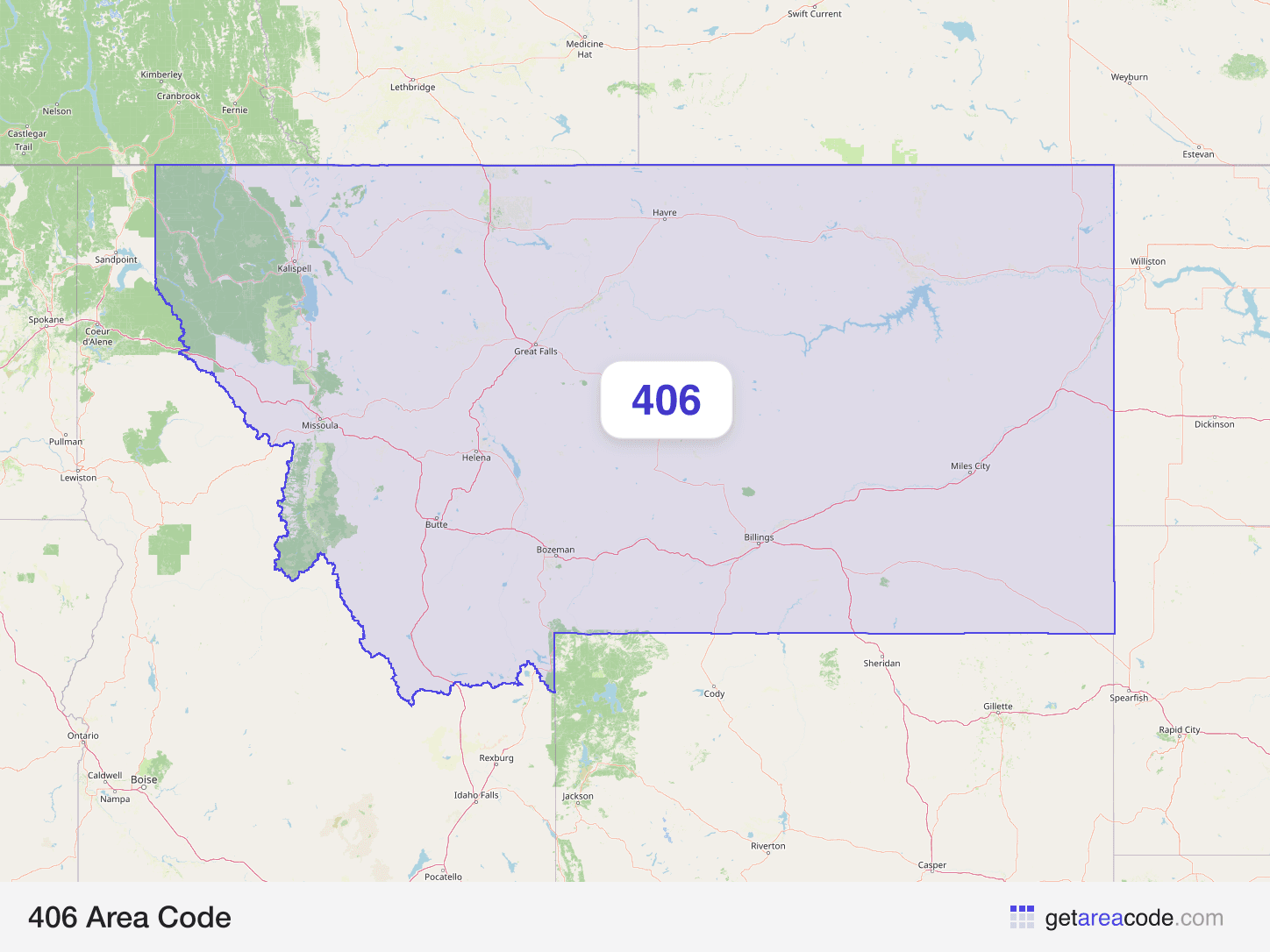 Map of the 406 area code service region around Billings, MT