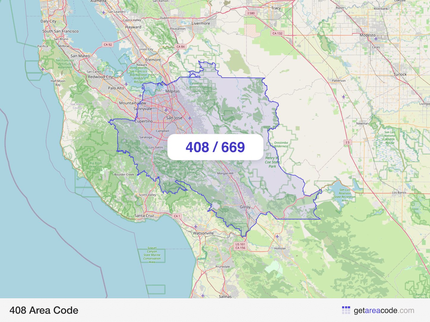 Map of the 408 area code service region around San Jose, CA