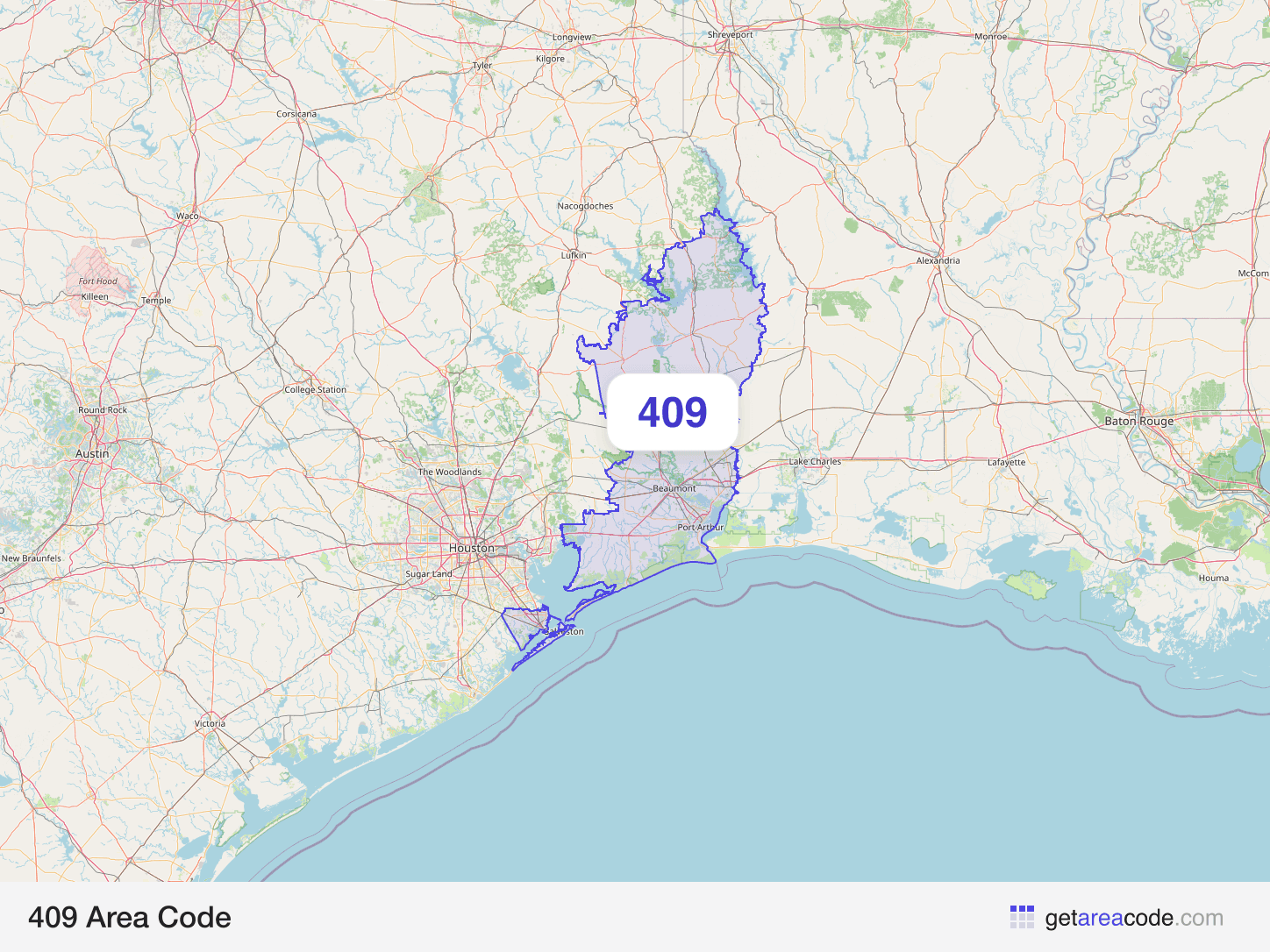 Map of the 409 area code service region around Beaumont, TX