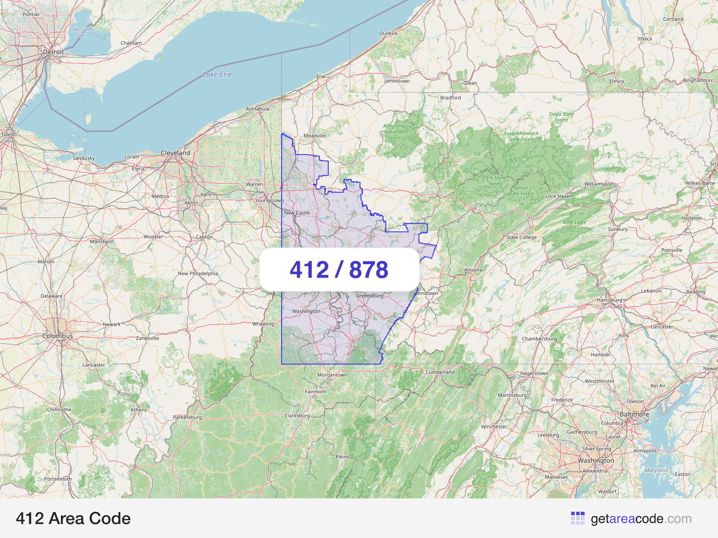 Map of the 412 area code service region around Pittsburgh, PA