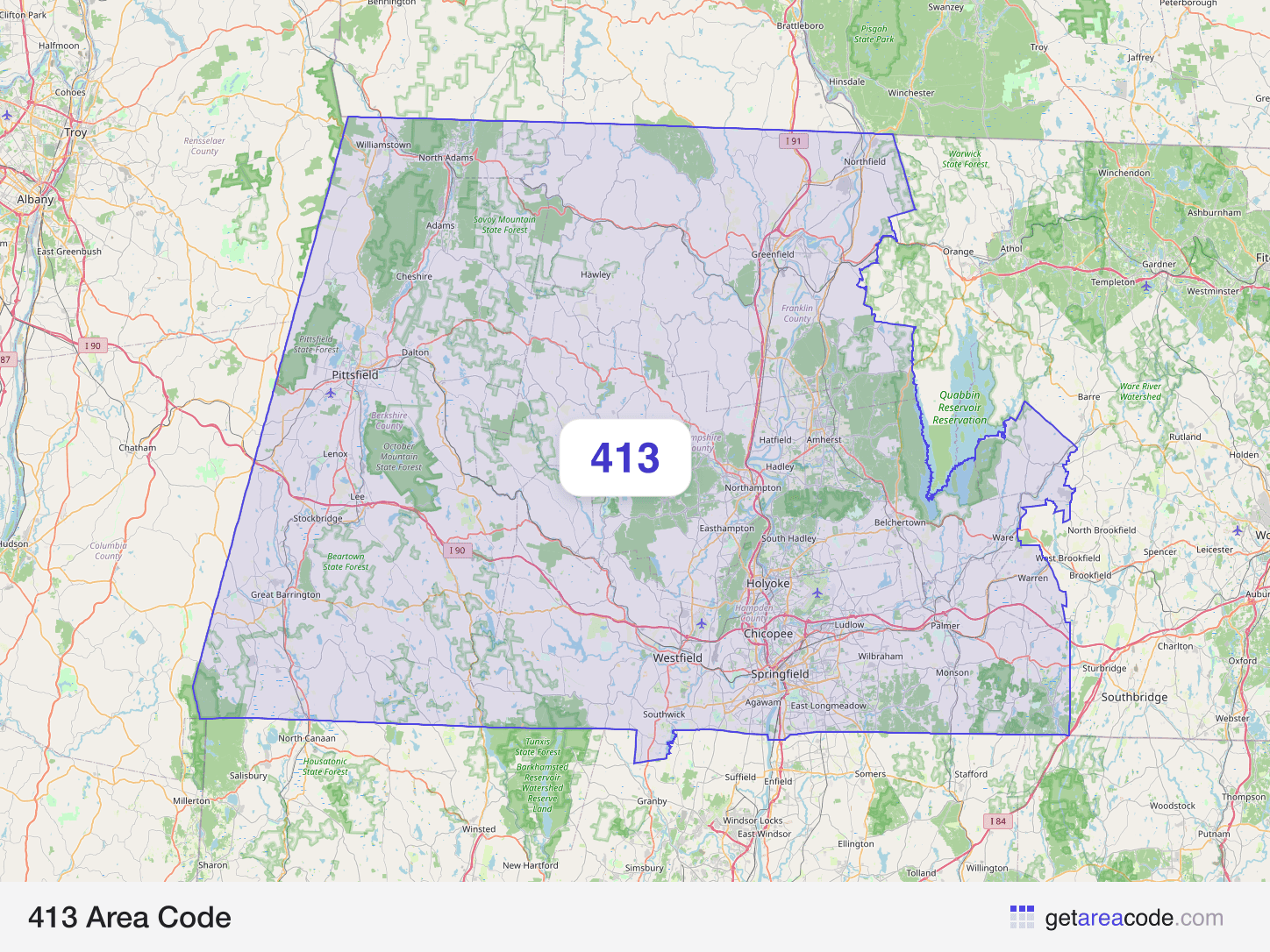 Map of the 413 area code service region around Springfield, MA