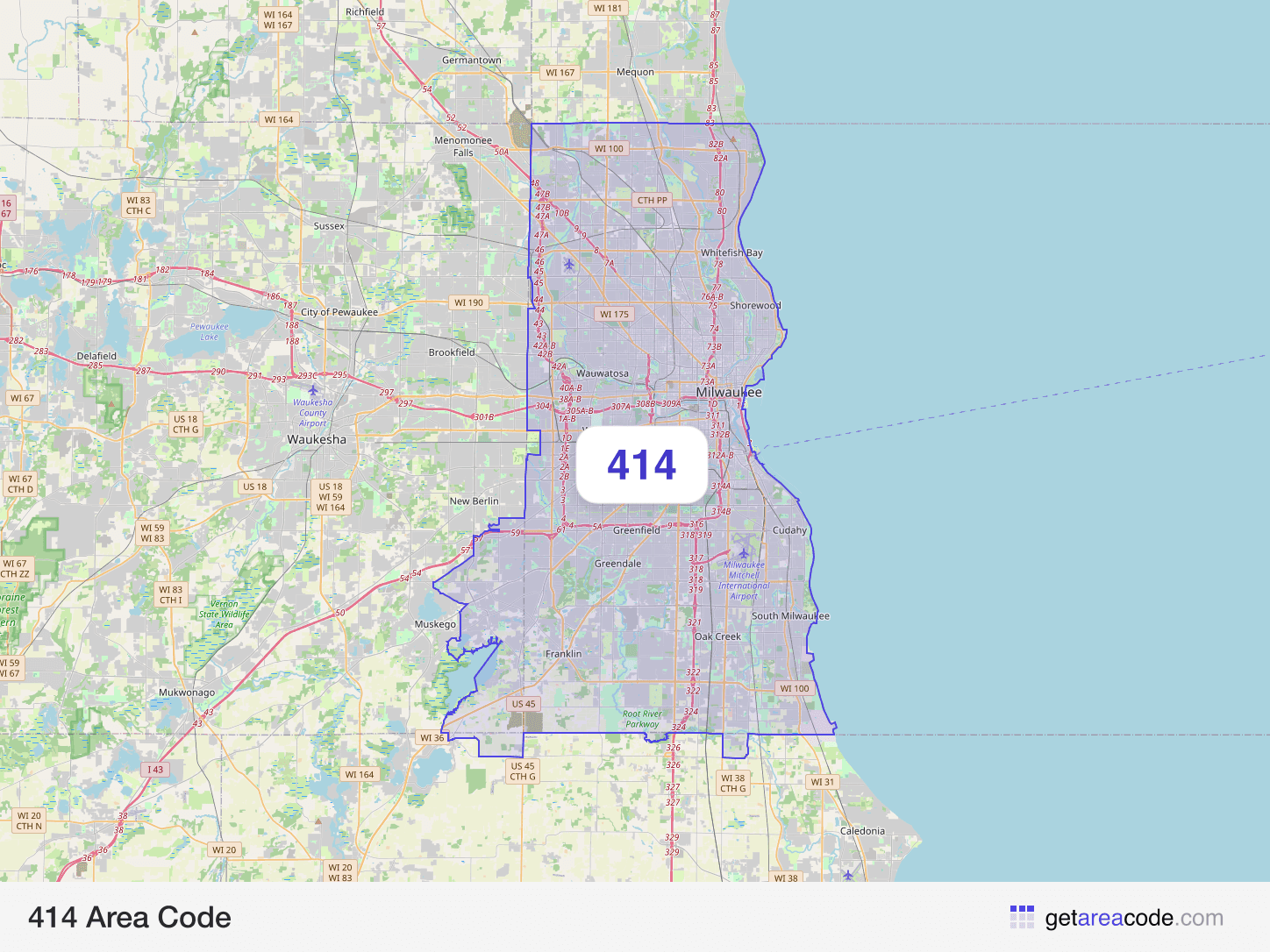 Map of the 414 area code service region around Milwaukee, WI