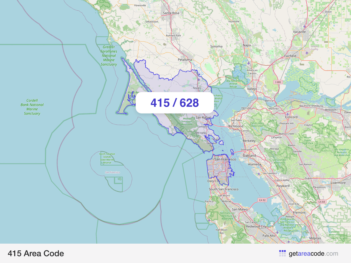 Map of the 415 area code service region around San Francisco, CA