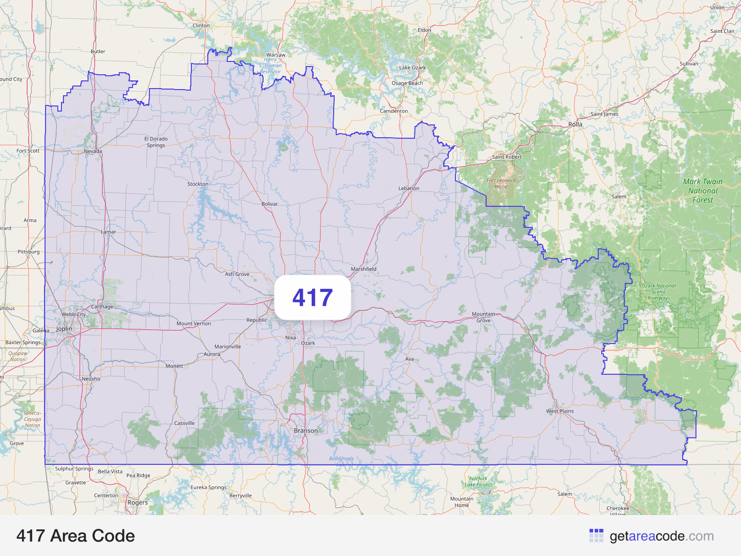 Map of the 417 area code service region around Springfield, MO