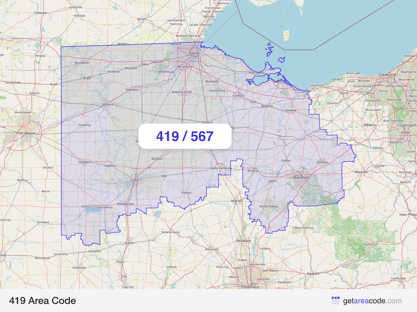 Map of the 419 area code service region around Toledo, OH