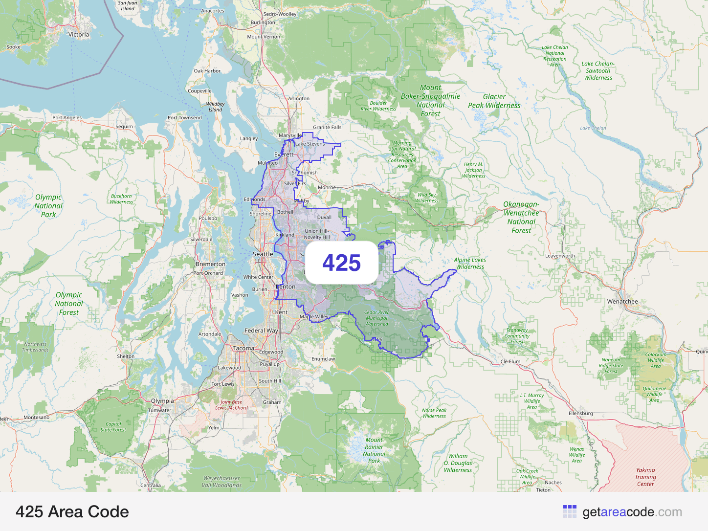 Map of the 425 area code service region around Bellevue, WA