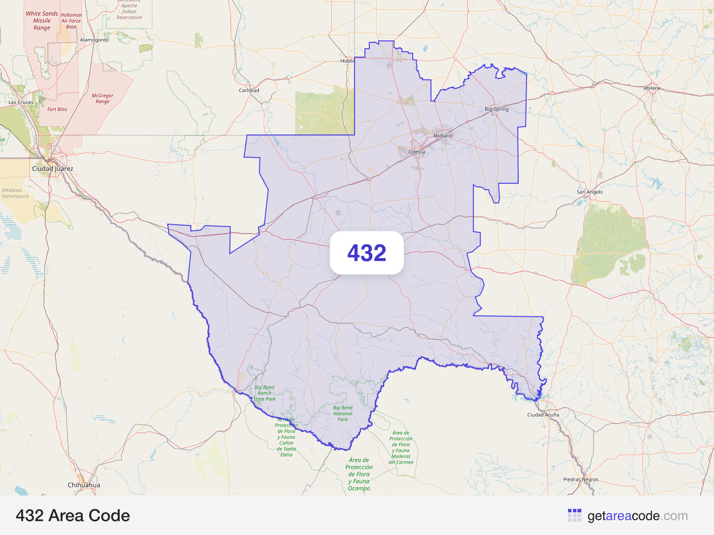 Map of the 432 area code service region around Midland, TX