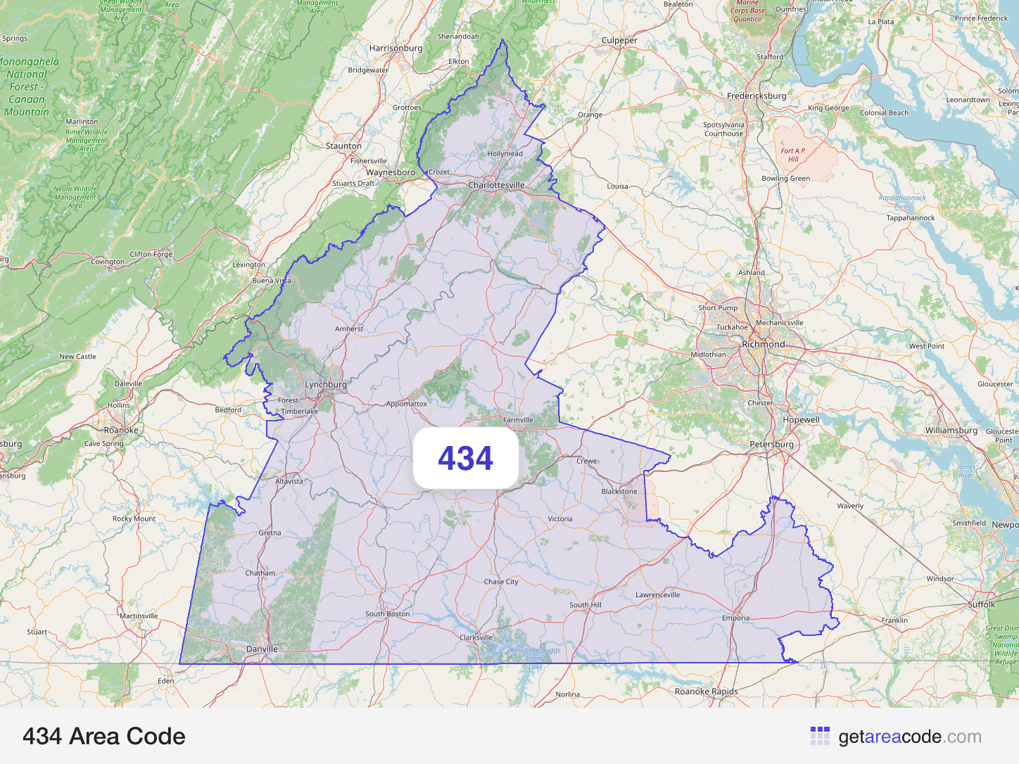 Map of the 434 area code service region around Lynchburg, VA