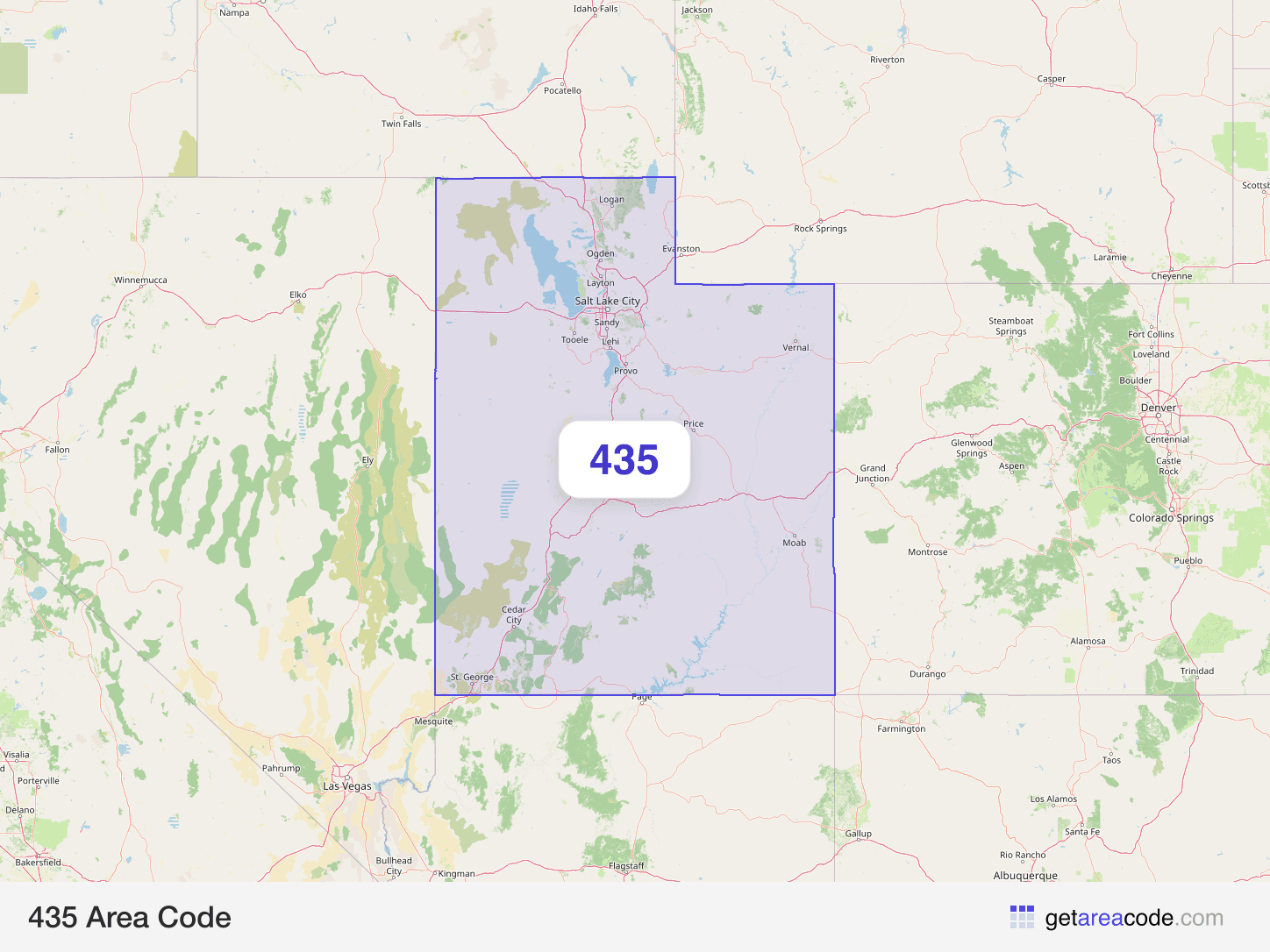Map of the 435 area code service region around St. George, UT