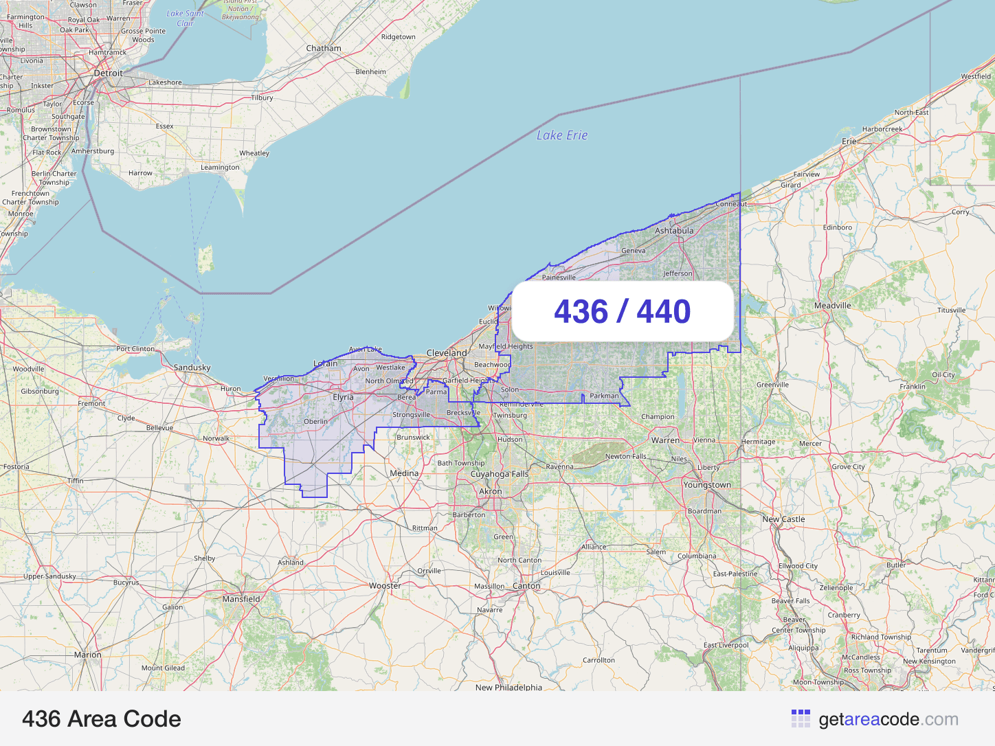 Map of the 436 area code service region around Parma, OH