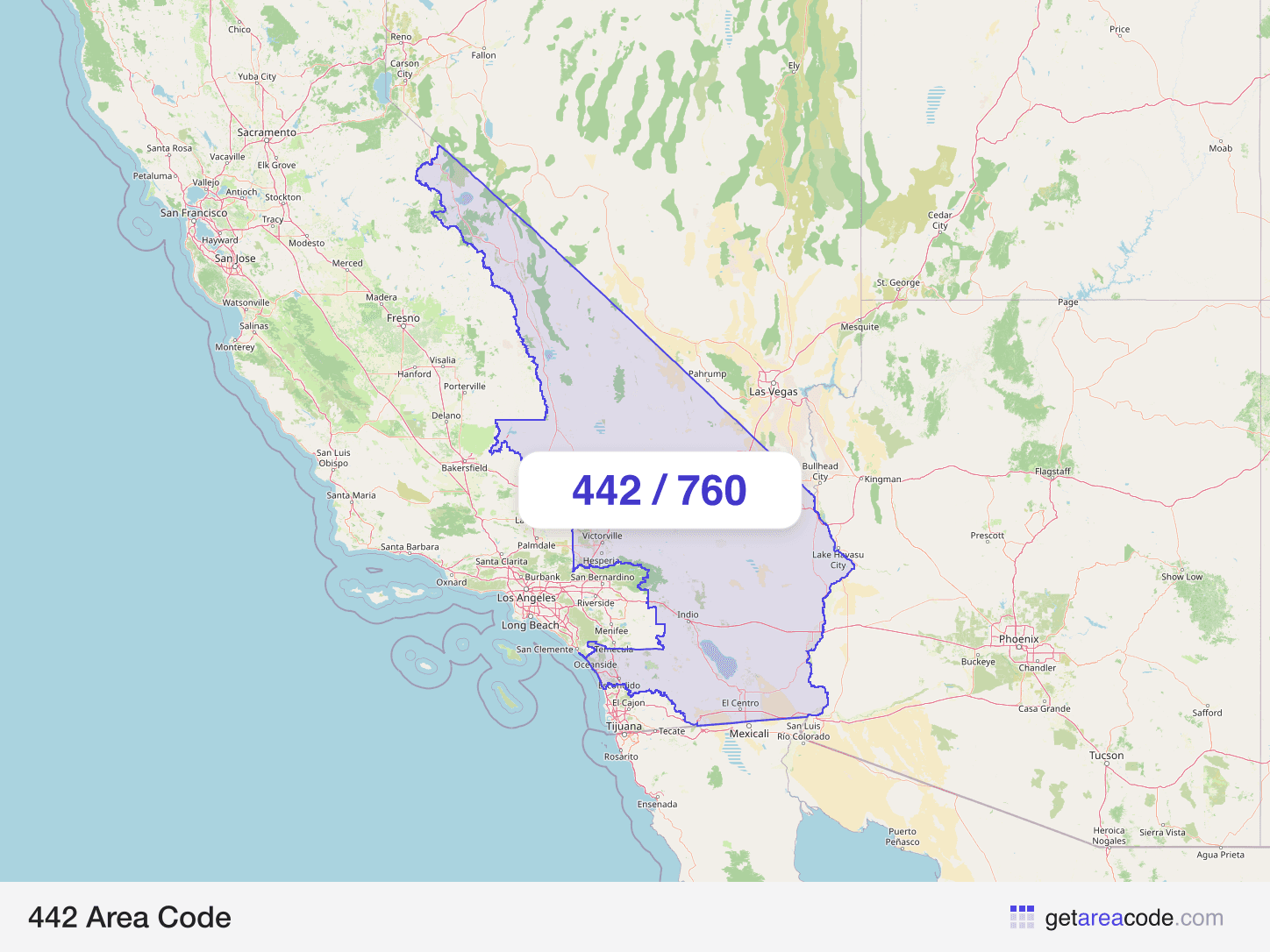 Map of the 442 area code service region around Oceanside, CA