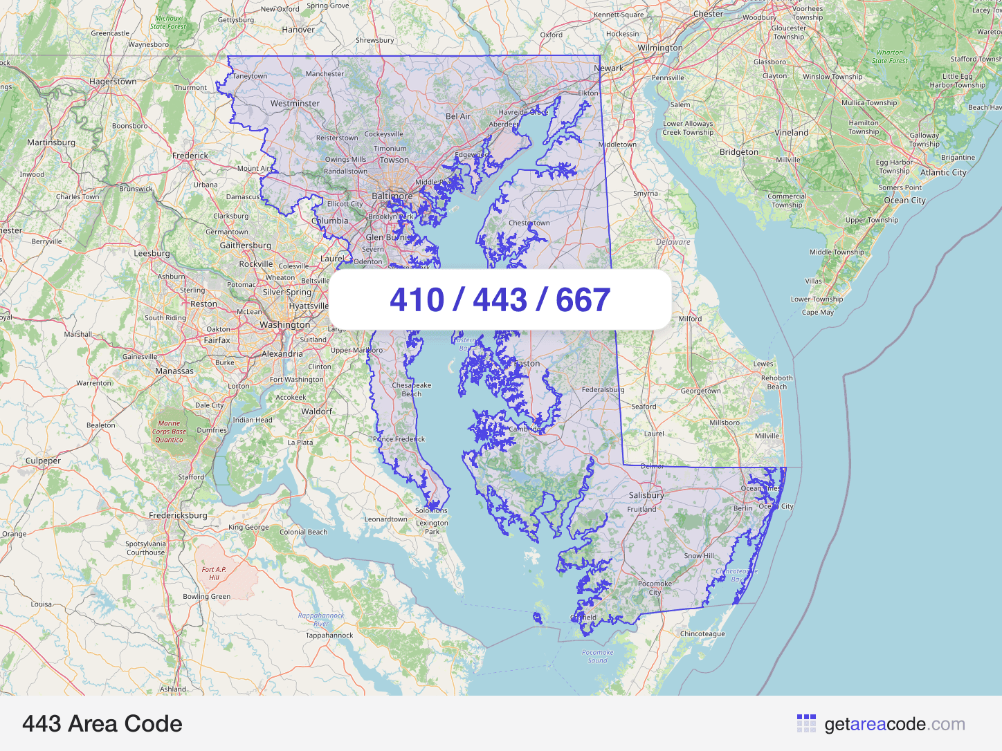 Map of the 443 area code service region around Baltimore, MD
