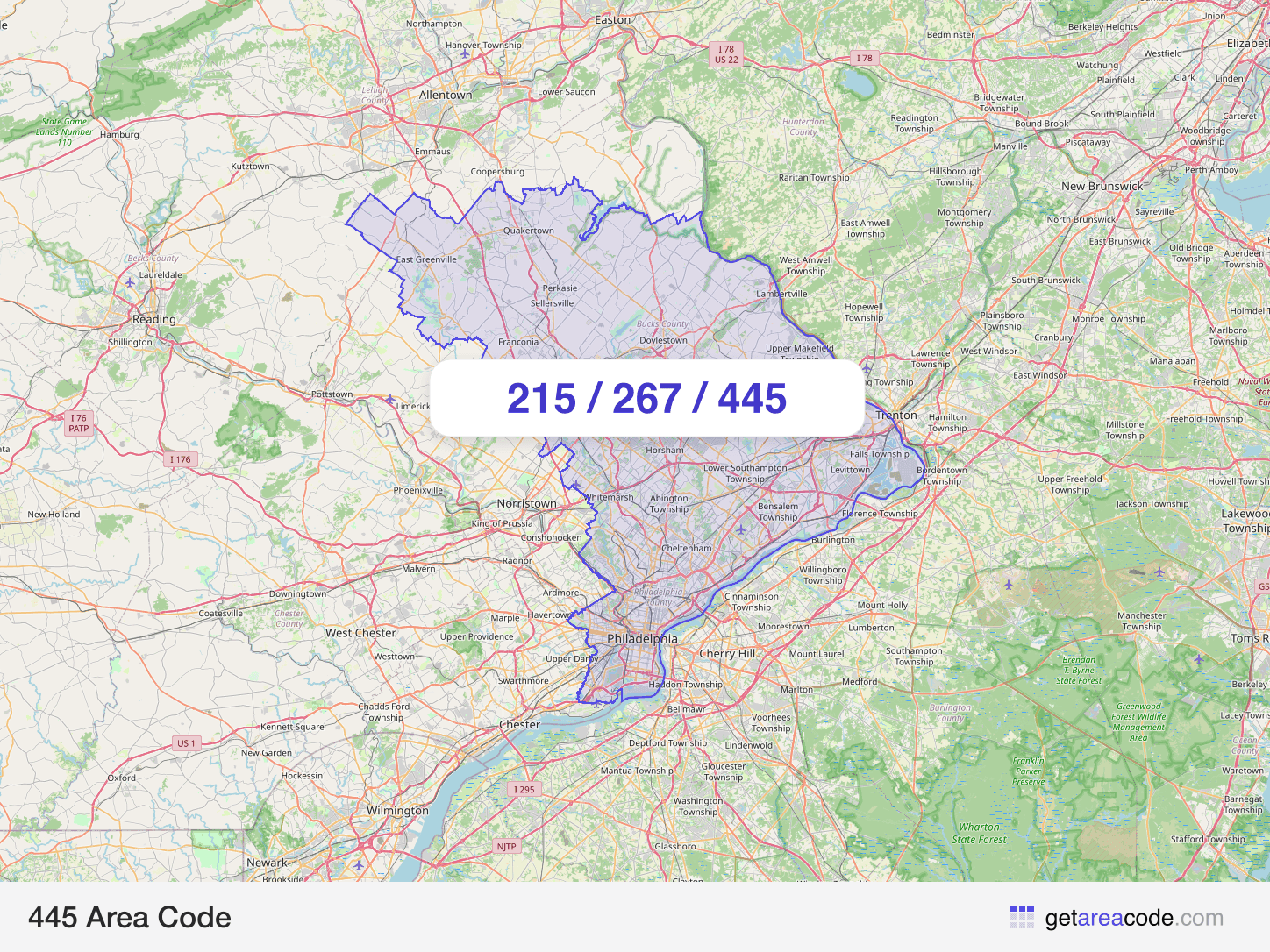 Map of the 445 area code service region around Philadelphia, PA