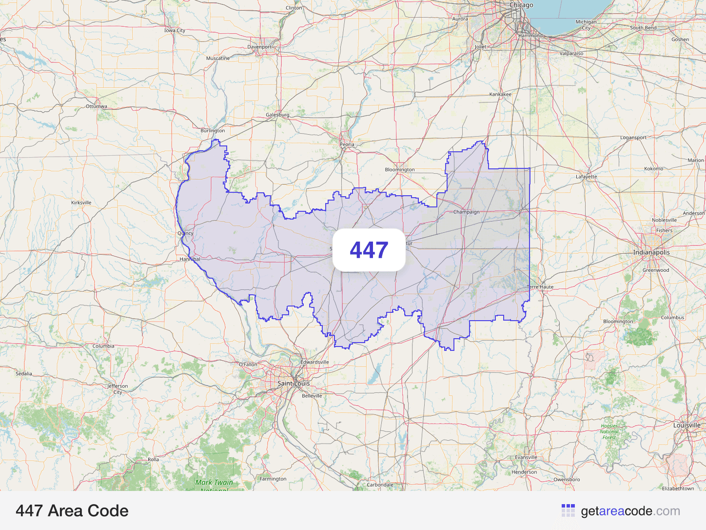 Map of the 447 area code service region around Springfield, IL