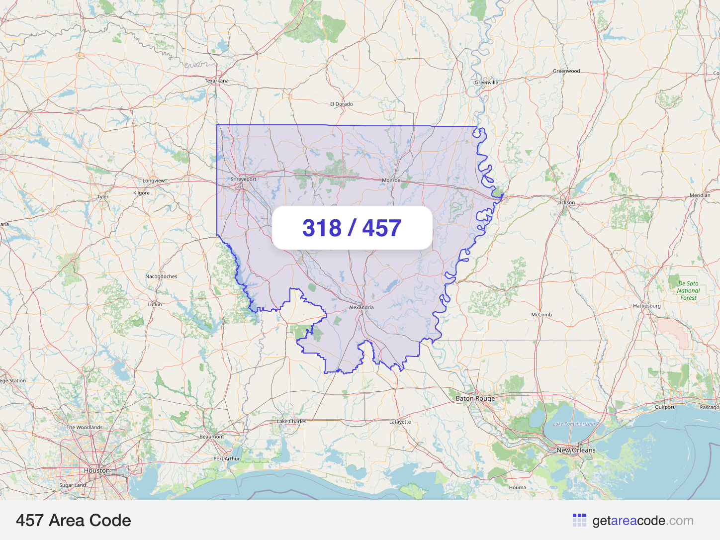 Map of the 457 area code service region around Shreveport, LA