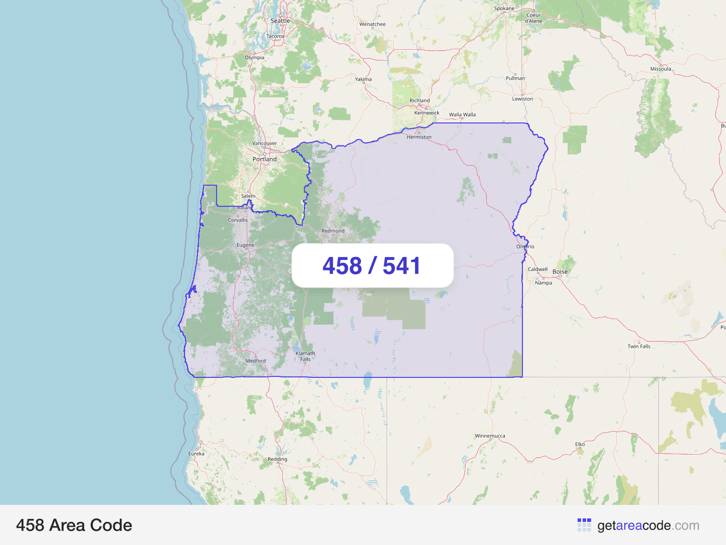Map of the 458 area code service region around Eugene, OR