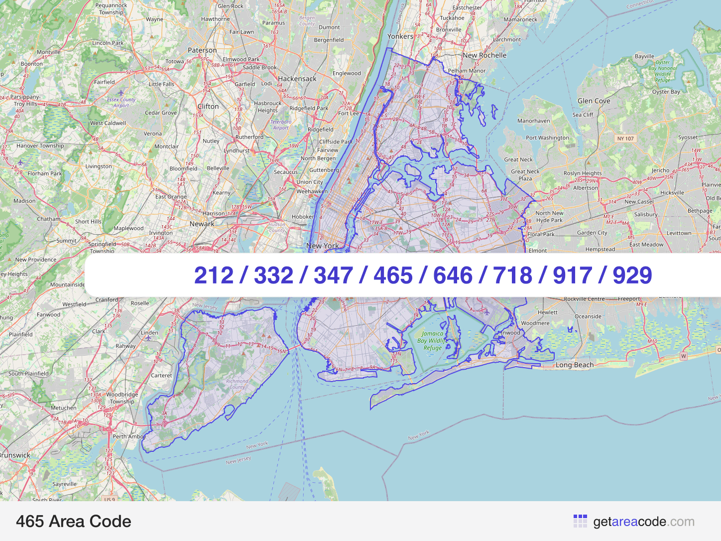 Map of the 465 area code service region around New York, NY
