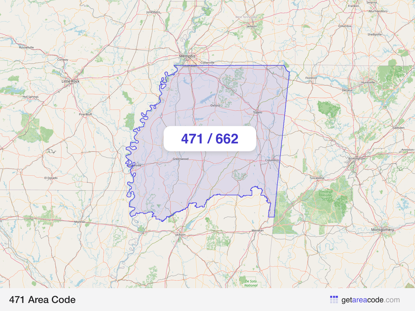 Map of the 471 area code service region around Southaven, MS