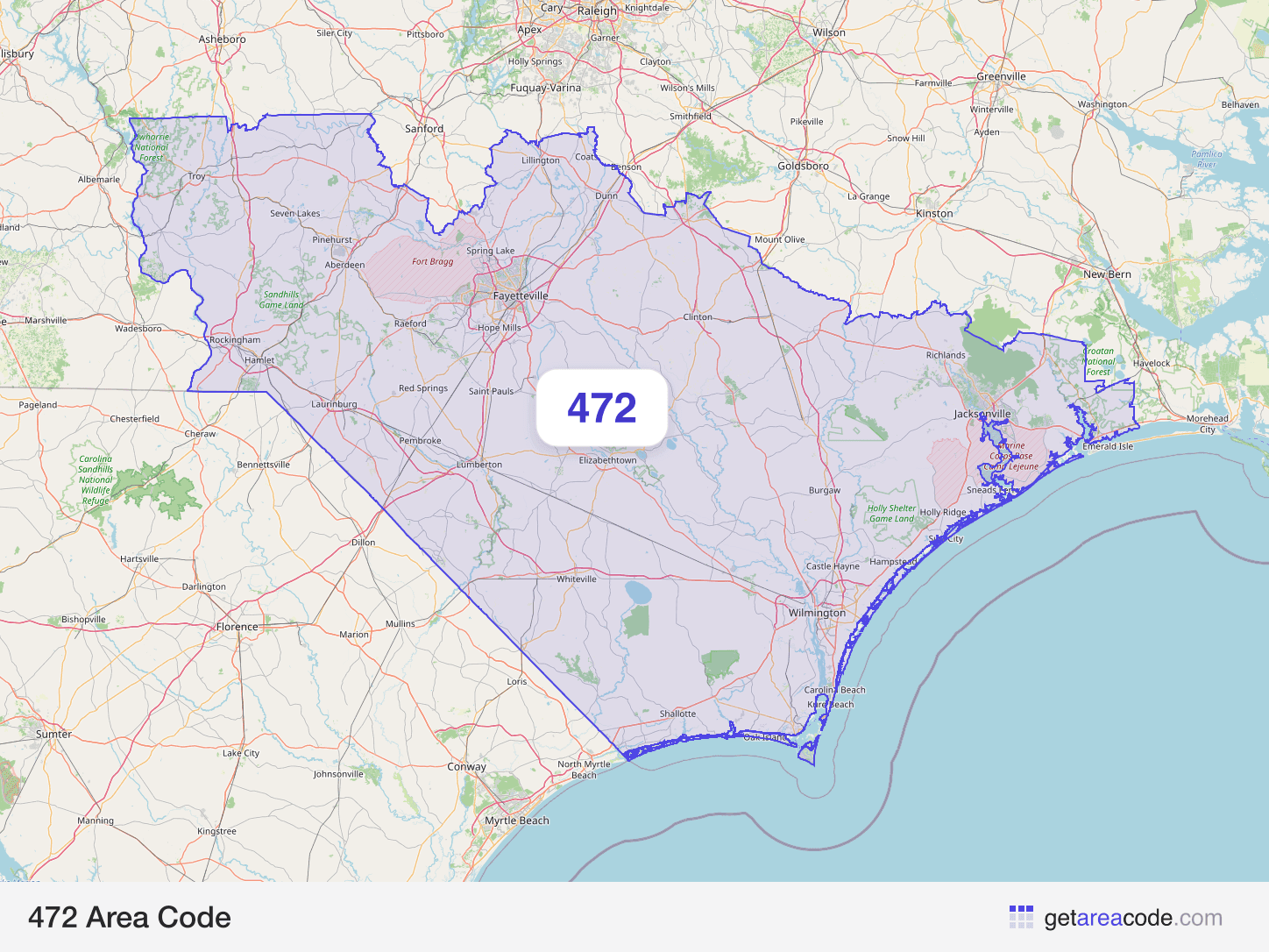 Map of the 472 area code service region around Fayetteville, NC