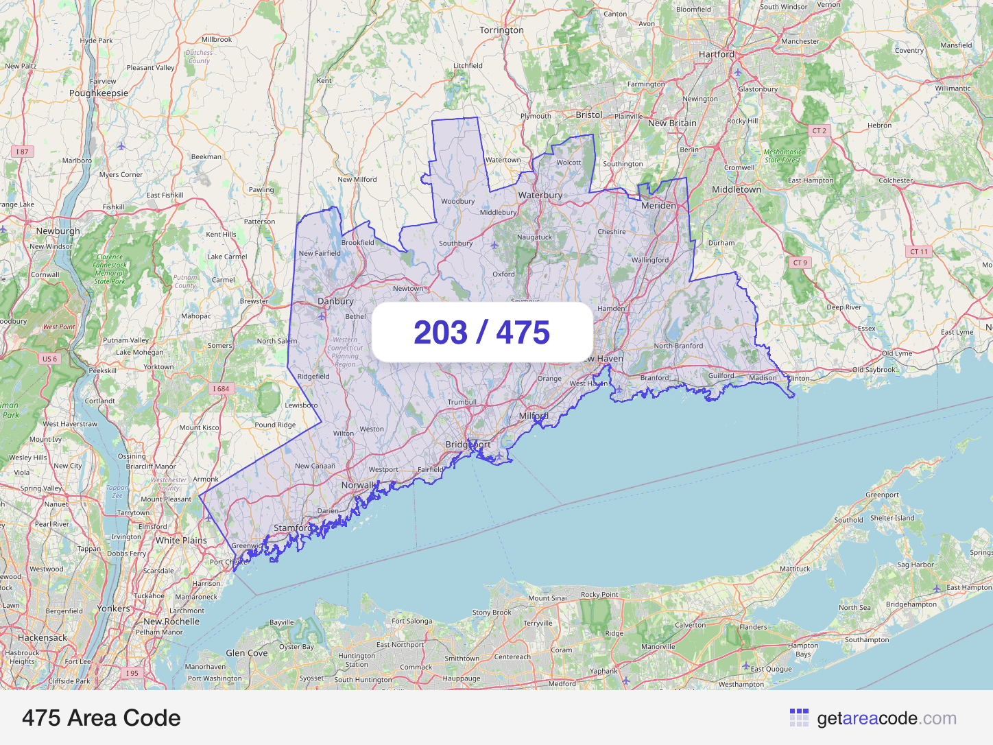 Map of the 475 area code service region around Bridgeport, CT
