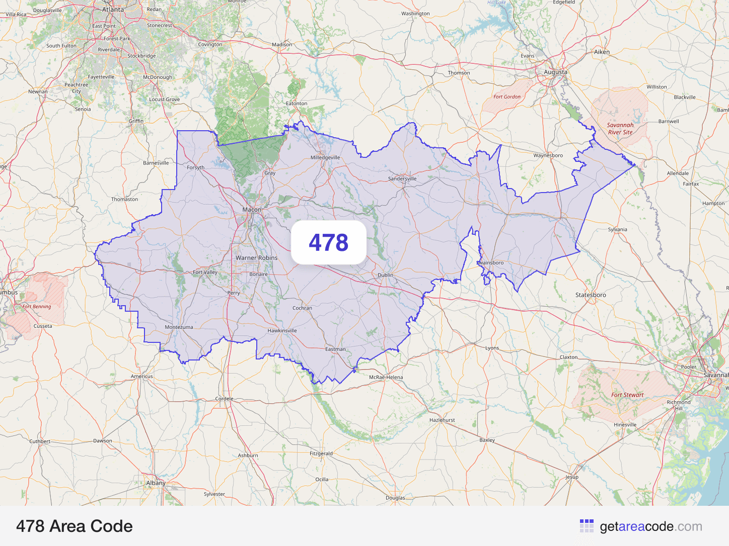 Map of the 478 area code service region around Macon, GA
