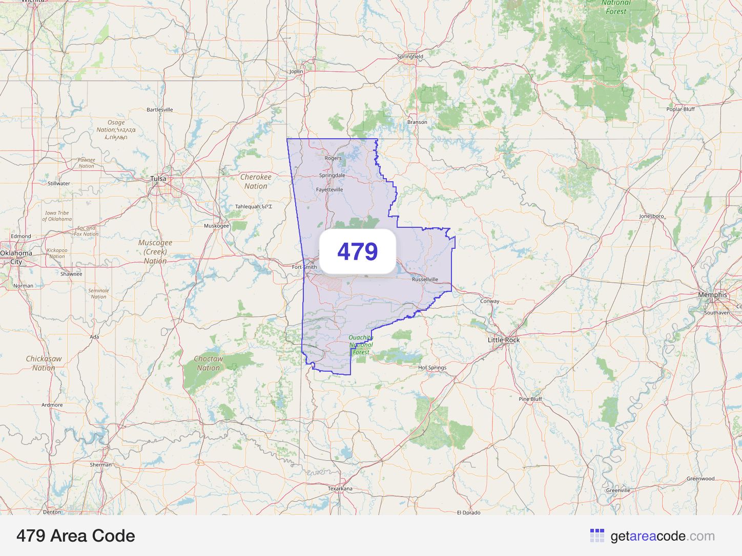 Map of the 479 area code service region around Fort Smith, AR