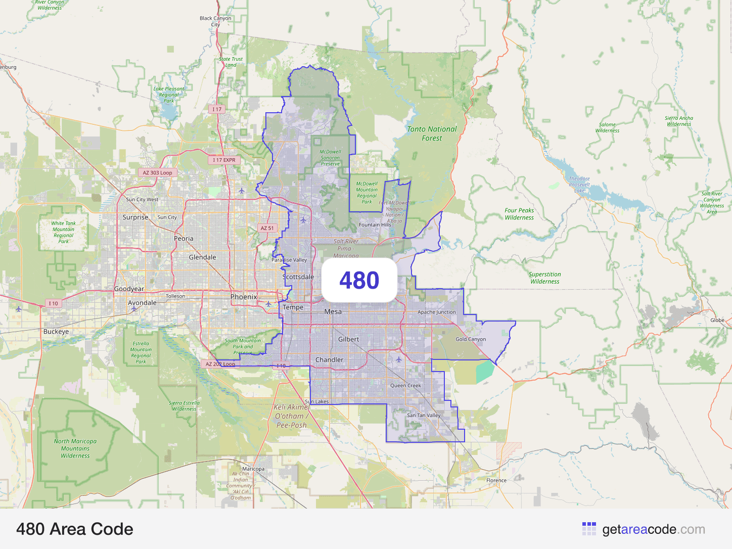 Map of the 480 area code service region around Mesa, AZ