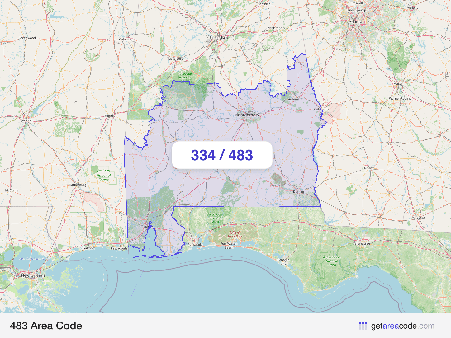 Map of the 483 area code service region around Montgomery, AL